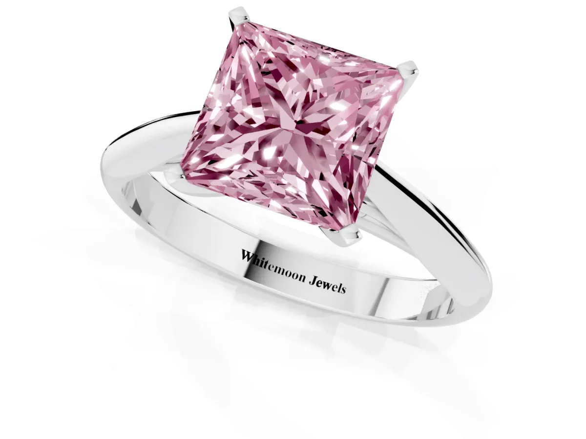 Fancy Pink Princess Cut Diamond Solitaire Engagement Ring with Cathedral Setting and Four-Prong Mount Silver