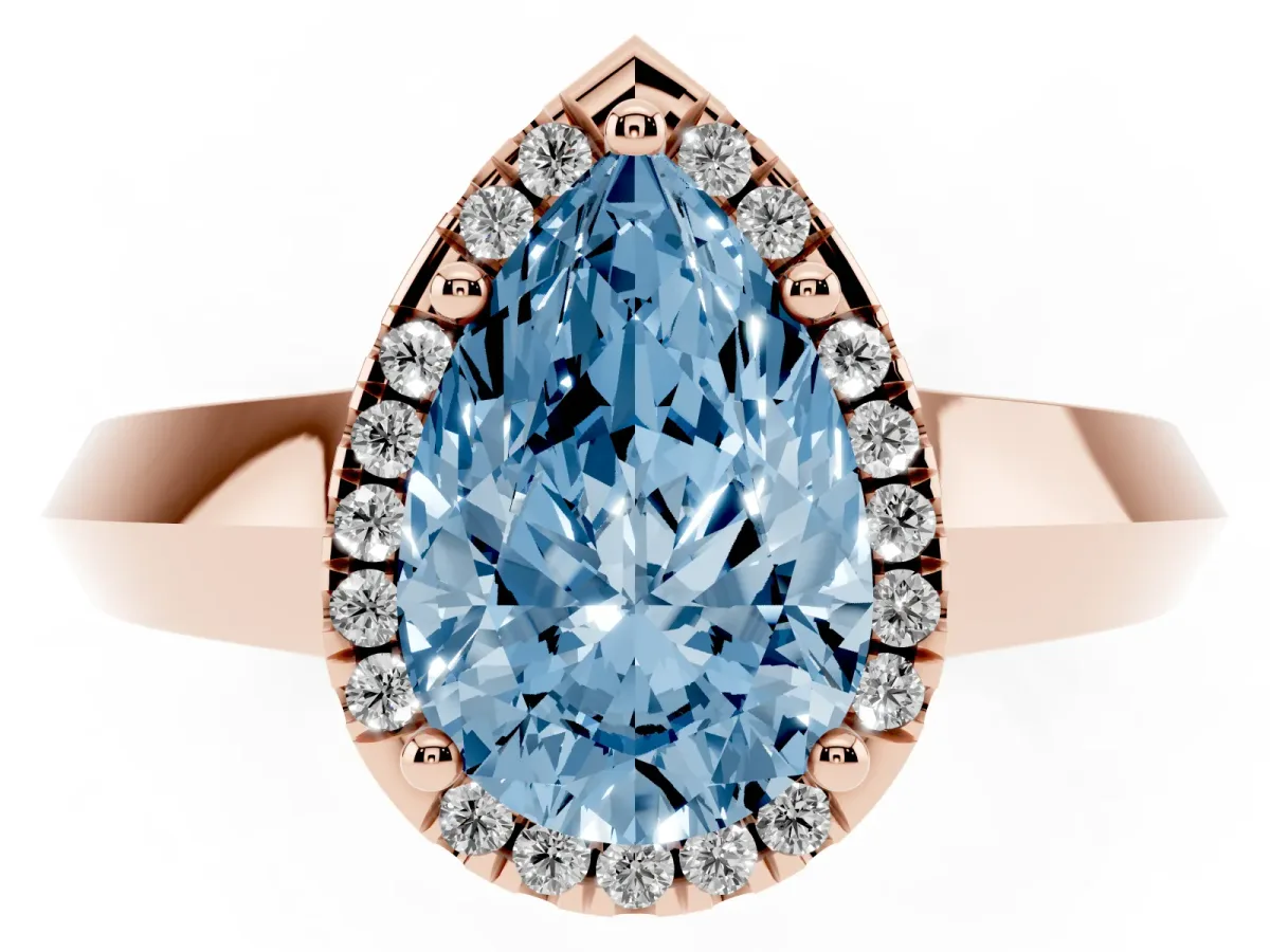 Fancy Blue Pear Cut Halo Diamond Ring with Cathedral Band and Four-Prong Setting Rose gold