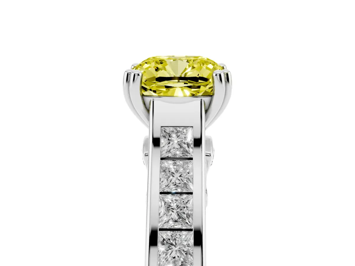 Fancy Yellow Cushion Cut Cut Channel Set Solitaire Engagement Ring with Prong Setting Silver