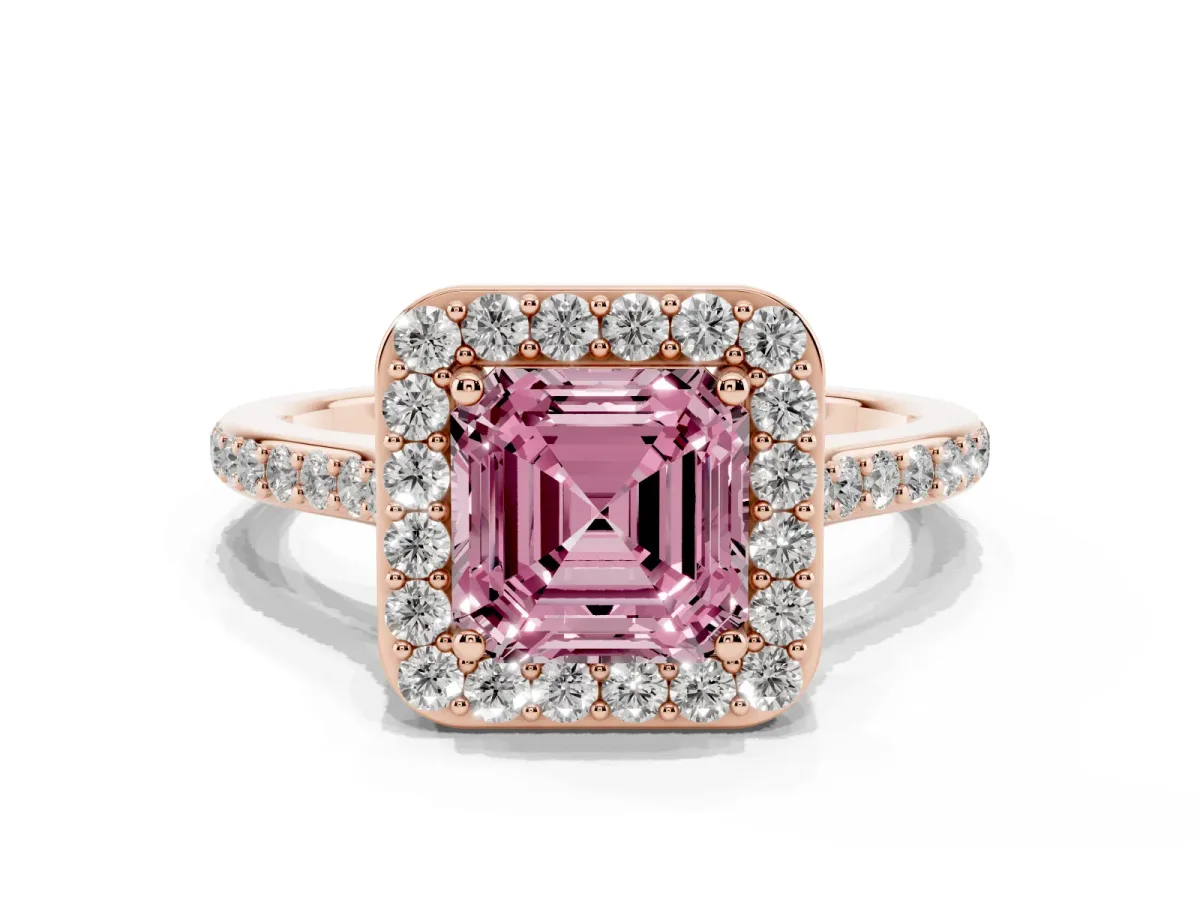 Fancy Pink Asscher Cut Diamond Halo Engagement Ring with Round Pavé Shoulders and Prong Setting Rose gold