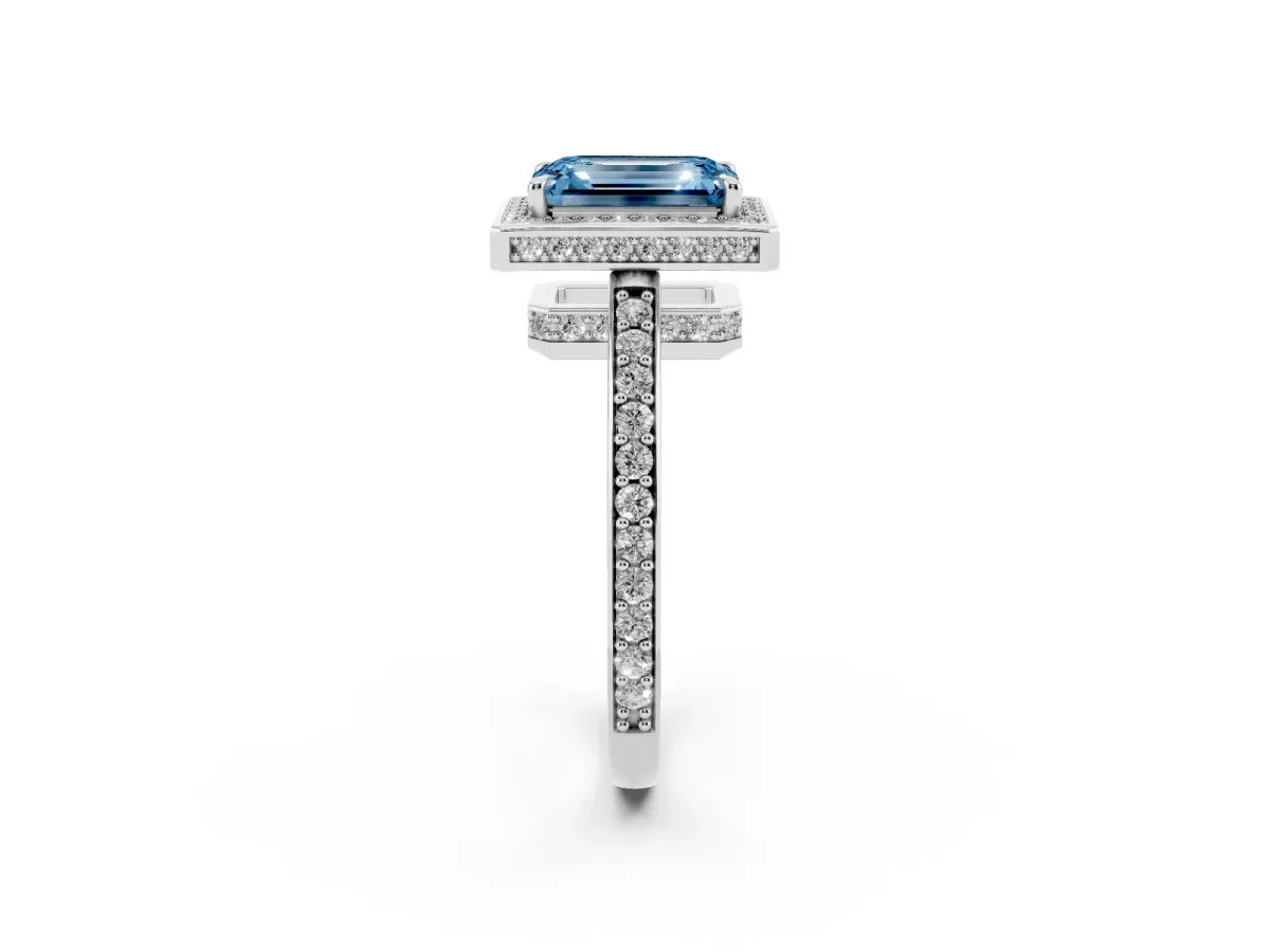 Fancy Blue Emerald Cut Halo Pave Band Solitaire Ring with Prong Setting Silver