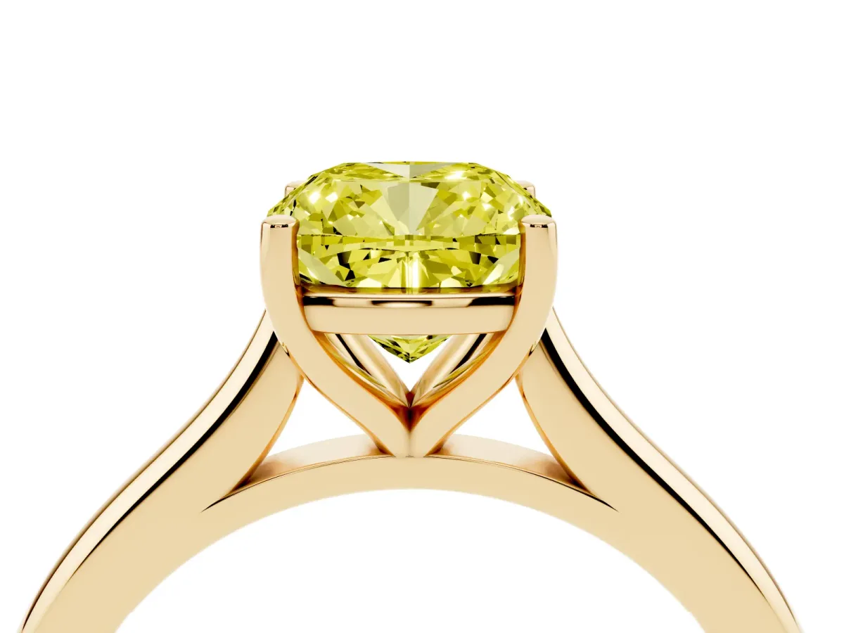 Fancy Yellow Cushion Cut Cut Solitaire Ring with Cathedral Band and Four-Prong Setting Yellow gold