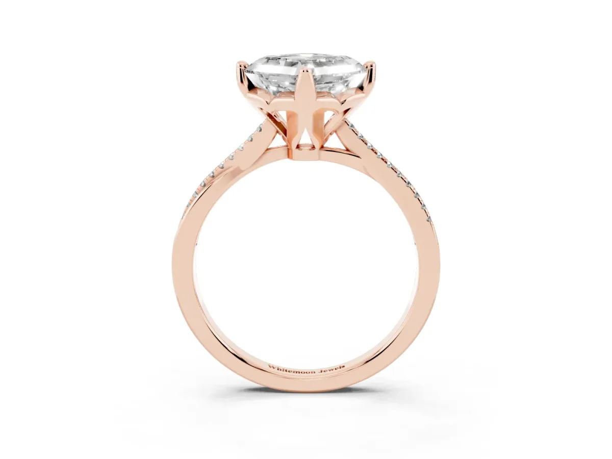 Asscher Cut Solitaire Twist Band with Pavé Diamonds and Four-Prong Setting Rose gold