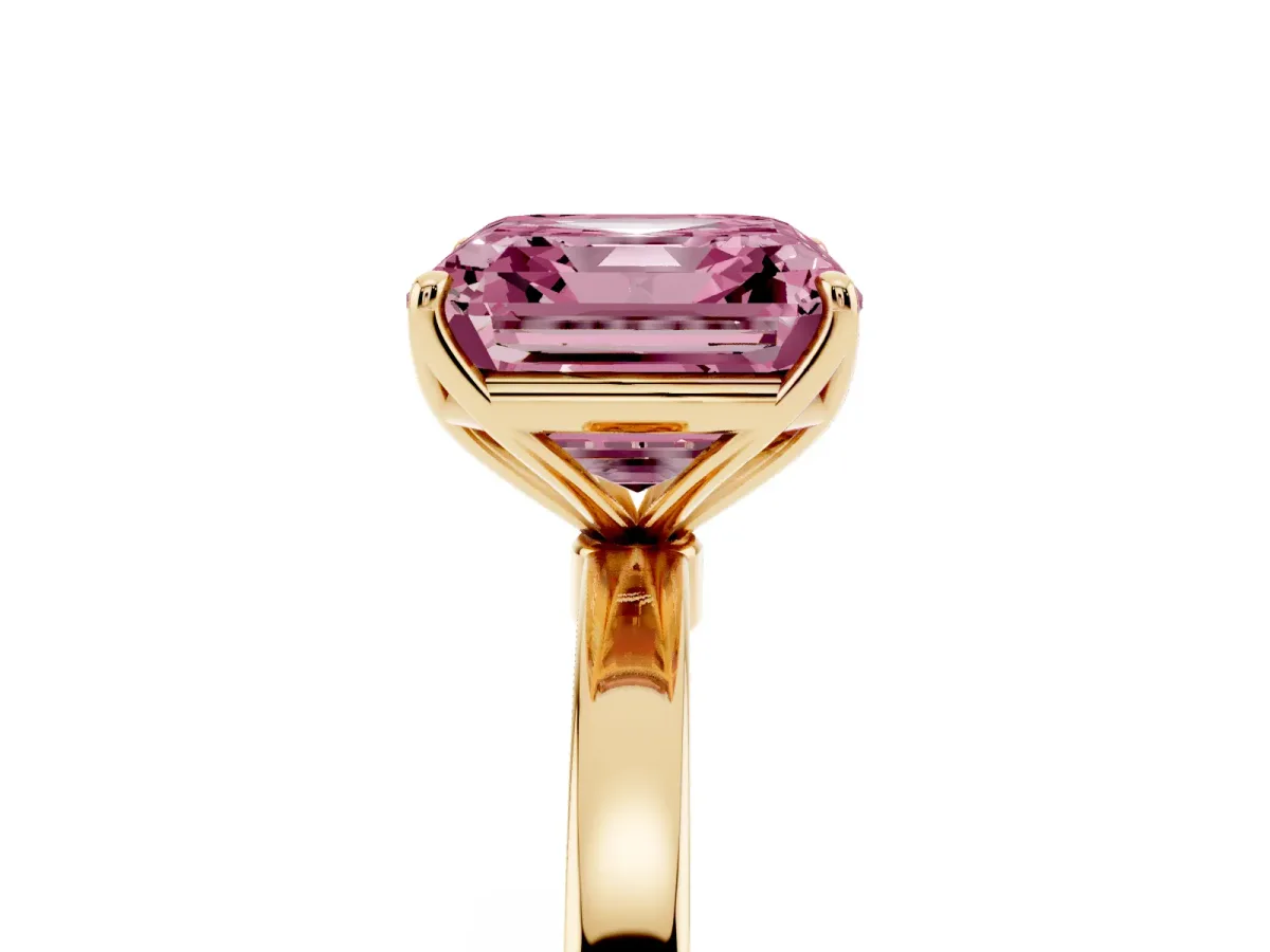 Fancy Pink Asscher Cut Diamond Solitaire Ring with Thin Band and Prong Setting Yellow gold