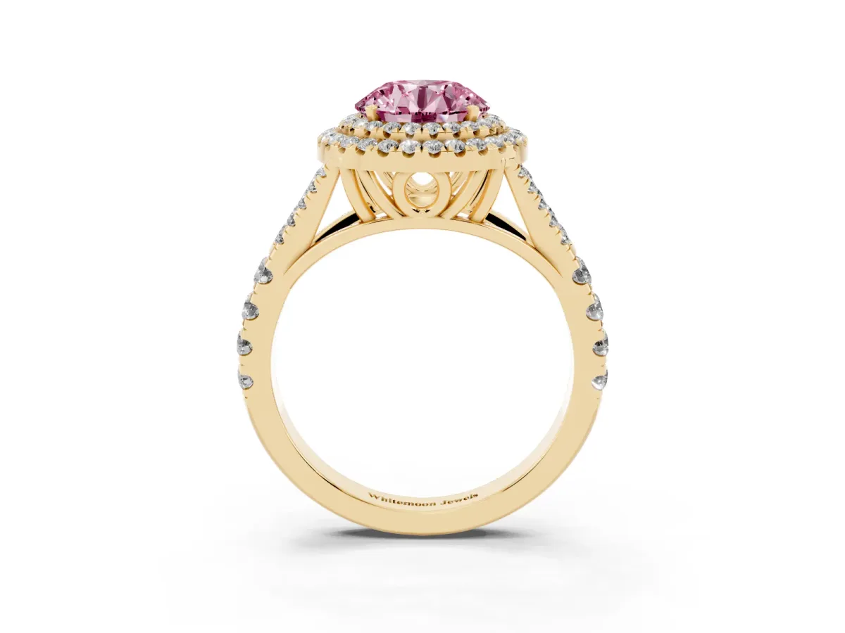 Fancy Pink Round Cut Diamond Pavé Split Shank Double Halo Engagement Ring Yellow gold