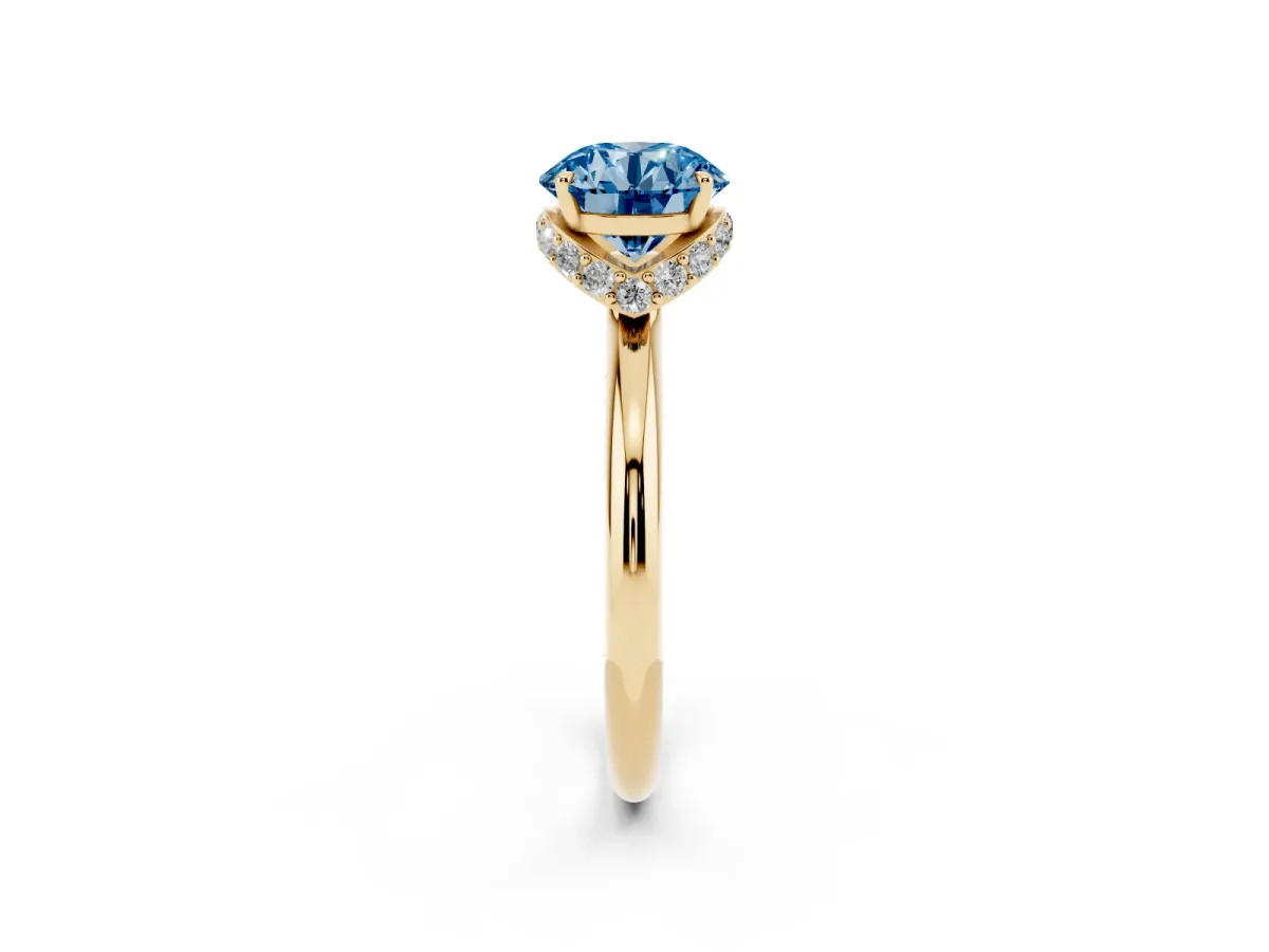 Fancy Blue Round Cut Brilliant Solitaire Engagement Ring with Six-Prong Setting and Classic Band Yellow gold