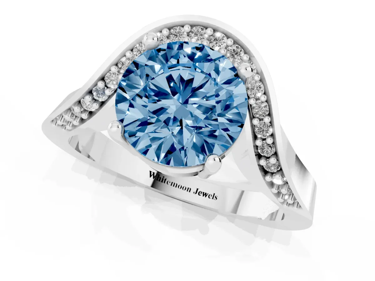 Fancy Blue Round Cut Solitaire Diamond Engagement Ring with Pave Band and Four-Prong Setting Platinum