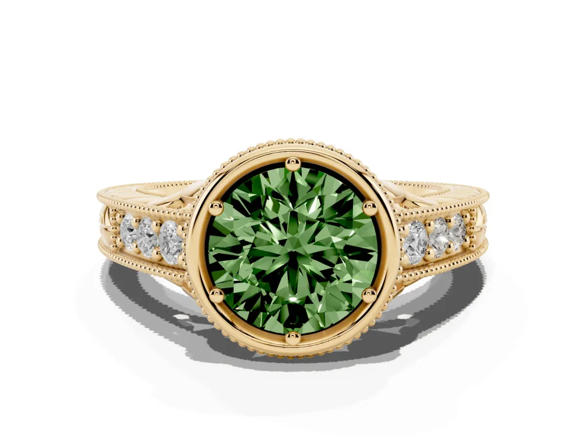 Fancy Green Bezel Set Round Cut Diamond Milgrain Pave Engagement Ring Yellow gold