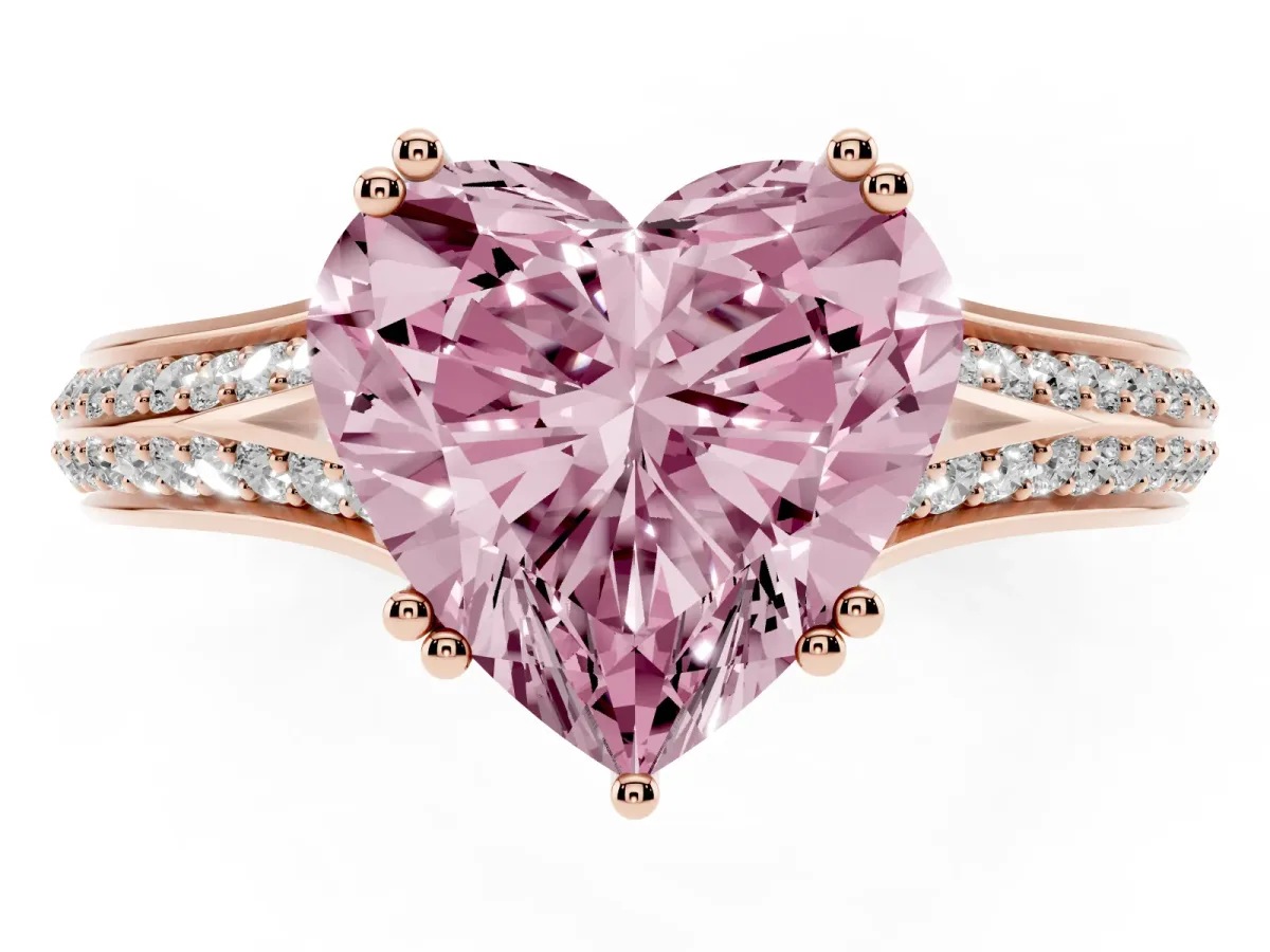 Fancy Pink Heart Cut Diamond Split Shank Engagement Ring with Pavé Band Rose gold
