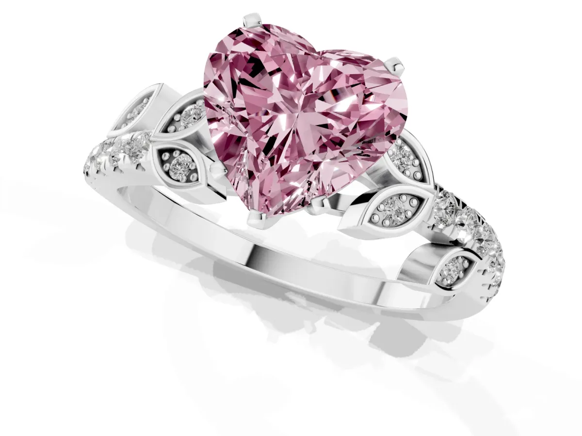 Fancy Pink Heart Cut Solitaire Leaf-Inspired Diamond Ring with Pavé Band and Four-Prong Setting Platinum