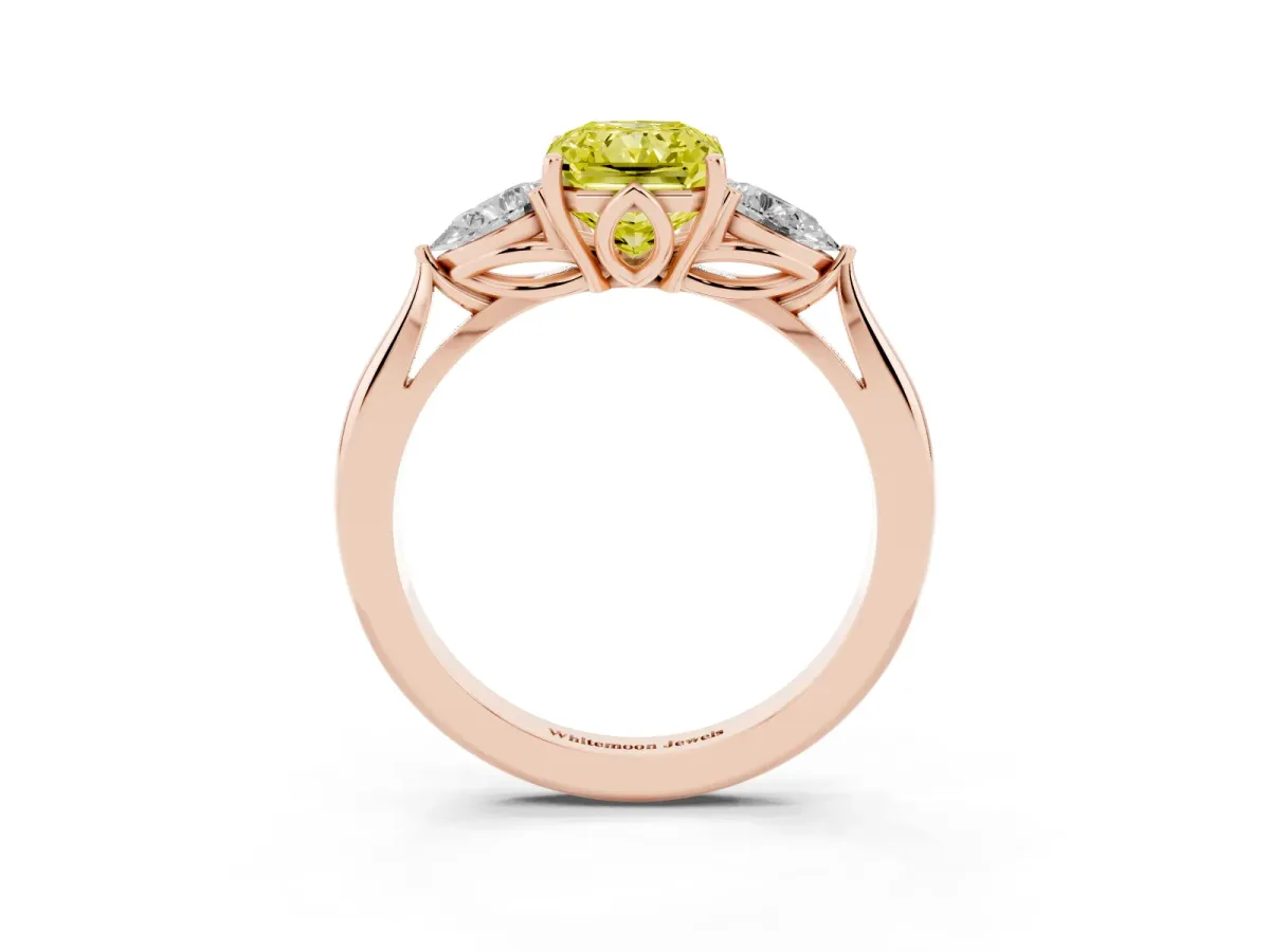 Fancy Yellow Radiant Cut Diamond Three-Stone Ring with Pear Side Stones and Prong Setting Rose gold