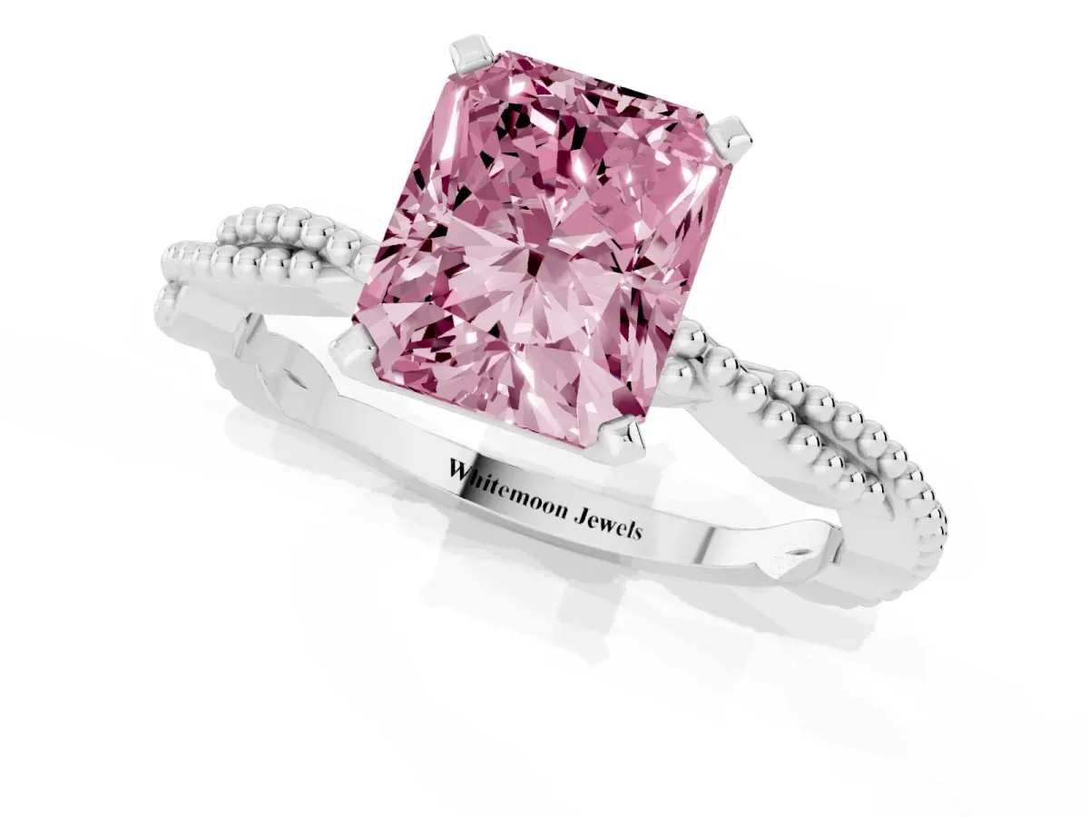 Fancy Pink Radiant Cut Solitaire Twisted Band with Bead Prong Setting Silver