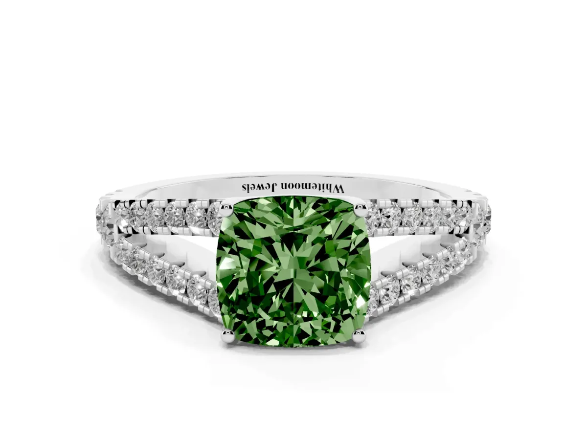 Fancy Green Cushion Cut Diamond Split Shank Engagement Ring with Round Pavé and Prong Setting Silver