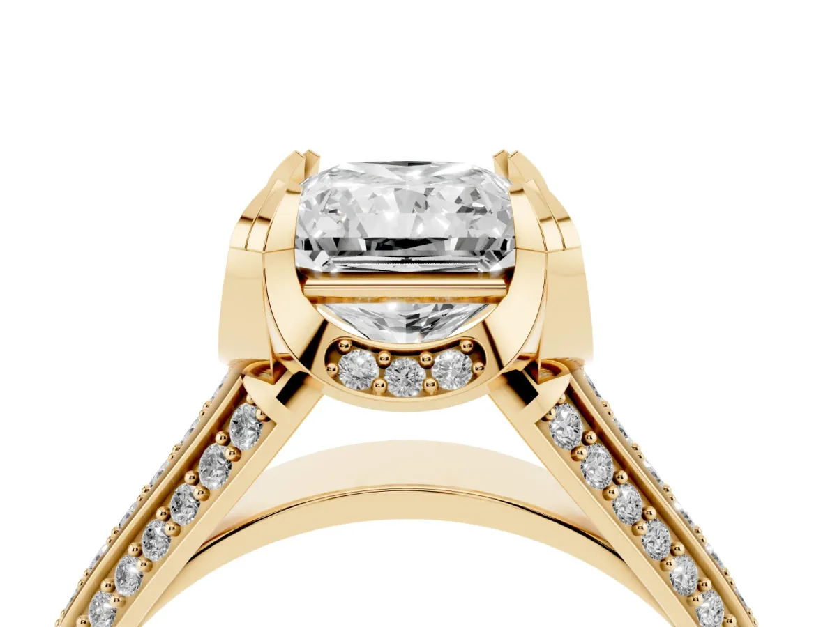 Radiant Cut Solitaire Pave Split Shank Ring with Four-Prong Setting Yellow gold