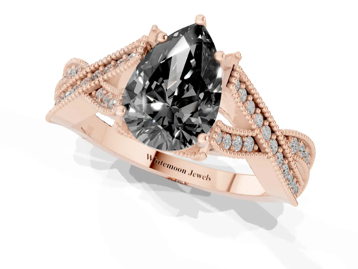 Fancy Black Pear Cut Cut Diamond Twisted Band with Milgrain Pave Setting and Four-Prong Setting Rose gold