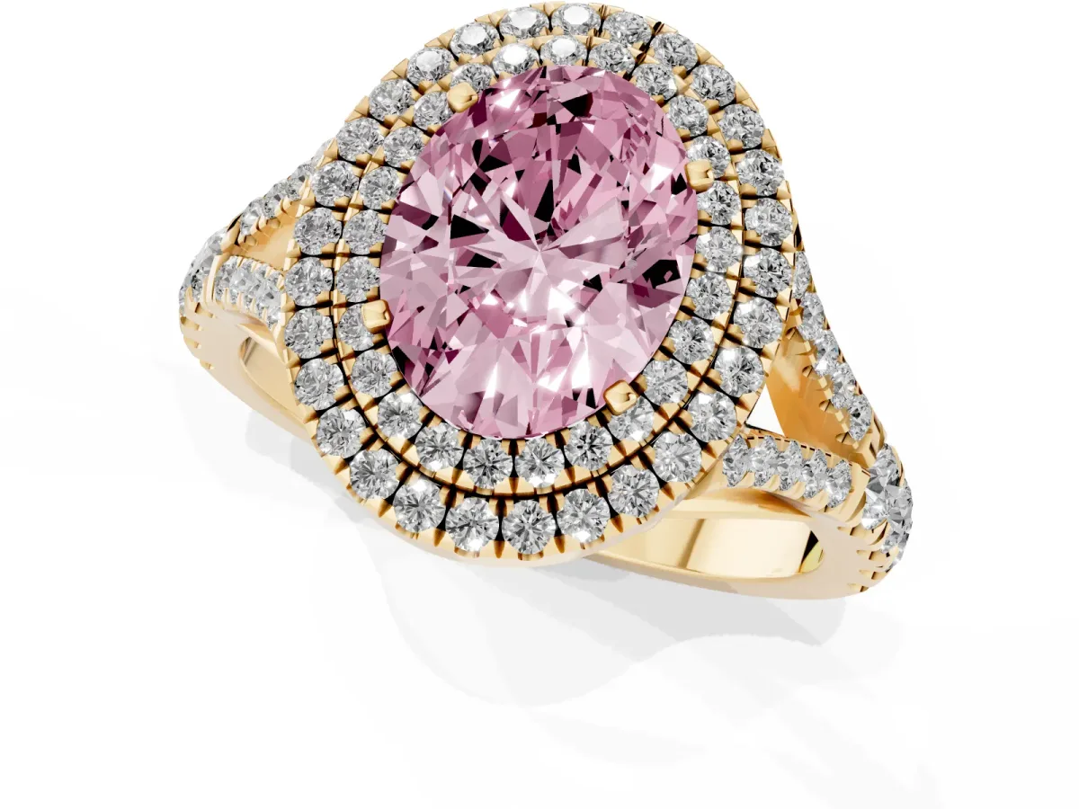 Fancy Pink Oval Cut Cut Double Halo Split Shank Diamond Ring with Prong Setting Yellow gold