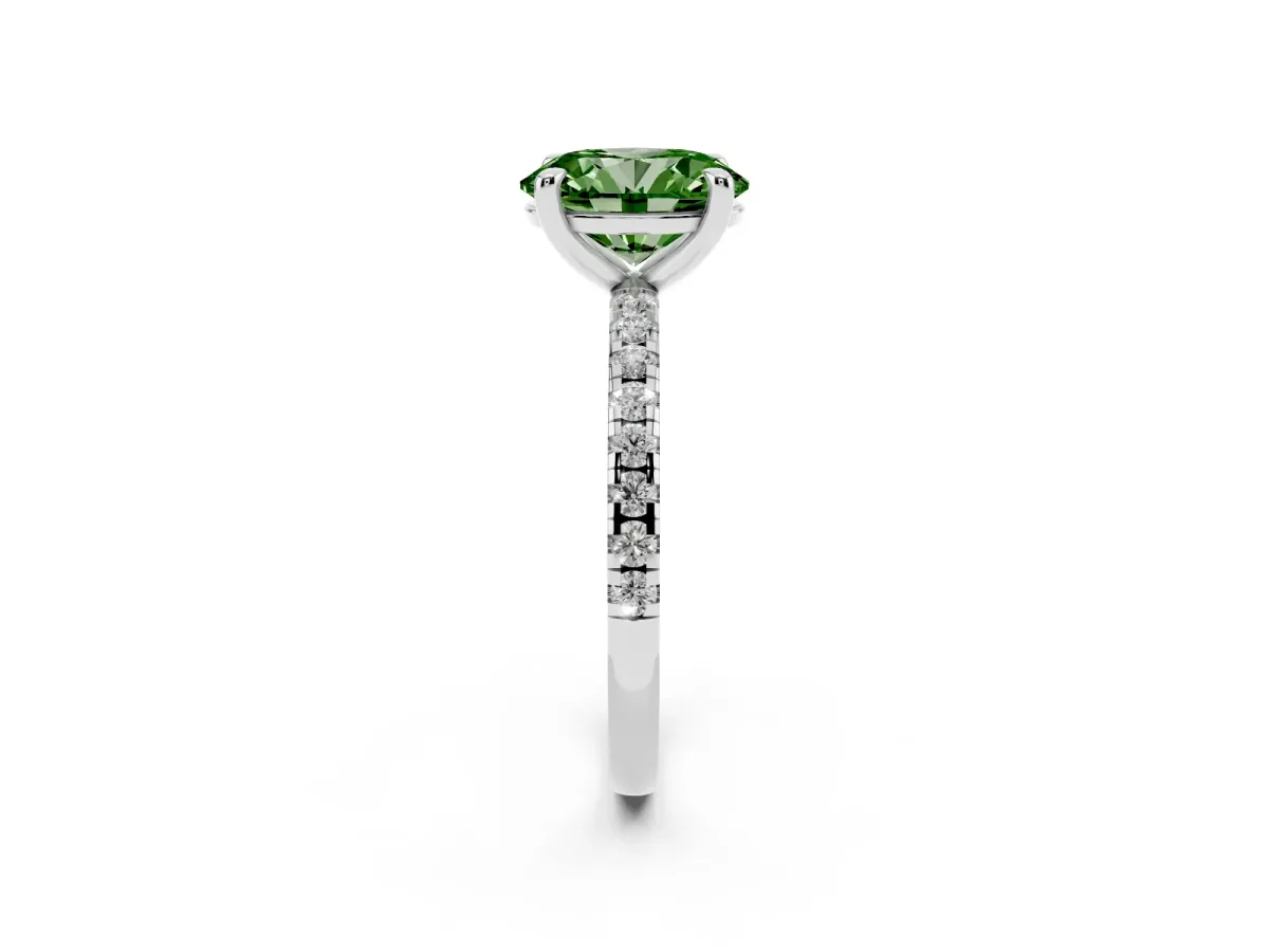 Fancy Green Oval Cut Diamond Brilliant Solitaire Ring with Pavé Band and Four-Prong Setting Platinum