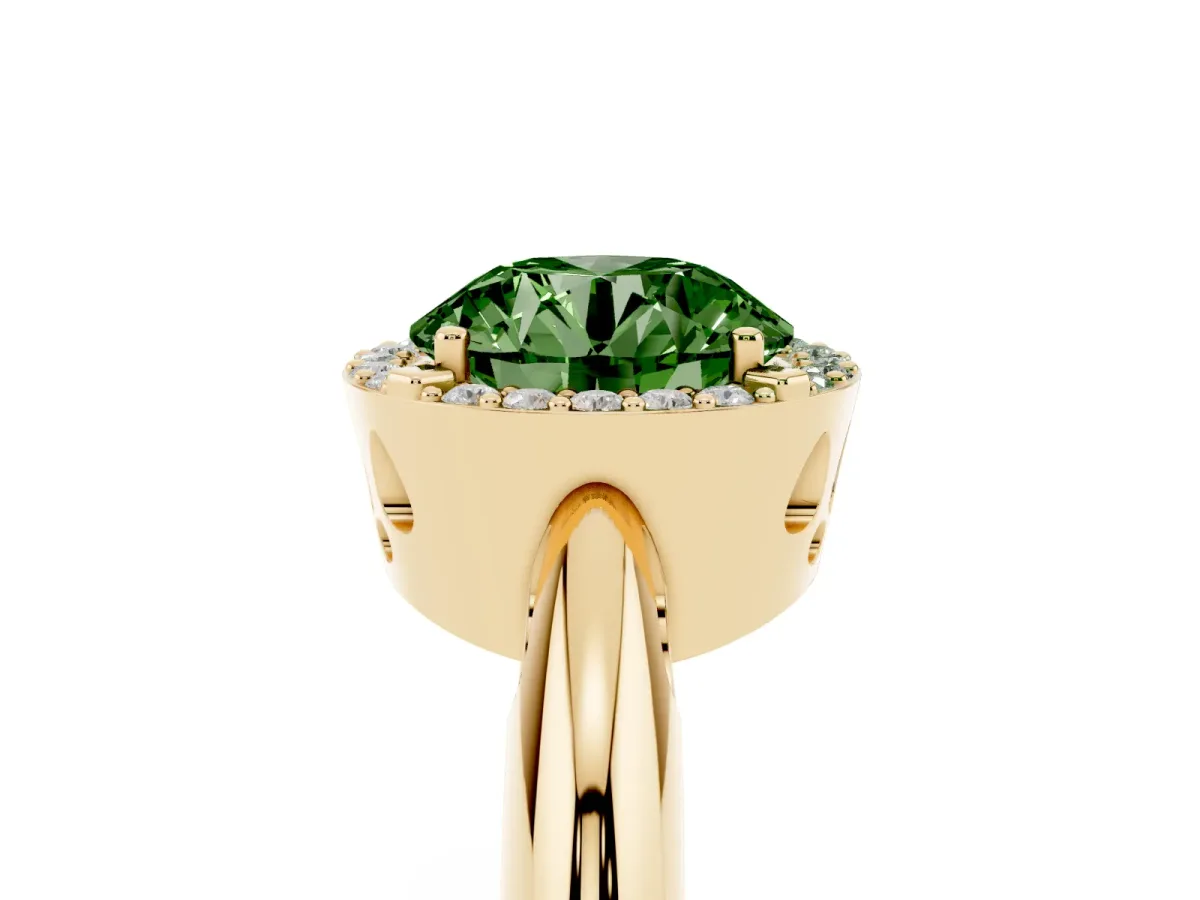 Fancy Green Round Cut Cut Diamond Halo Engagement Ring with Split Shank and Four-Prong Setting Yellow gold