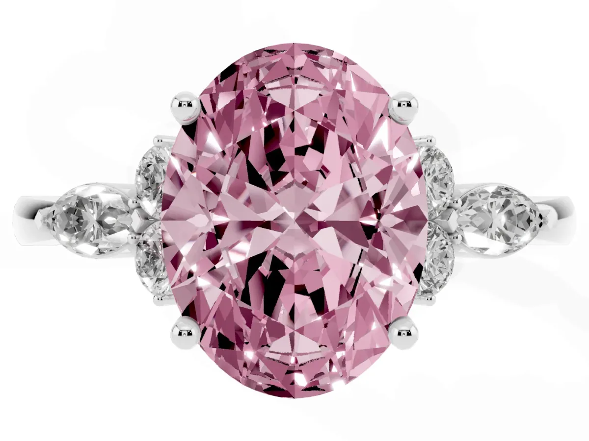 Fancy Pink Oval Cut Brilliant Diamond Solitaire Ring with Pear Side Stones and Four-Prong Setting Silver