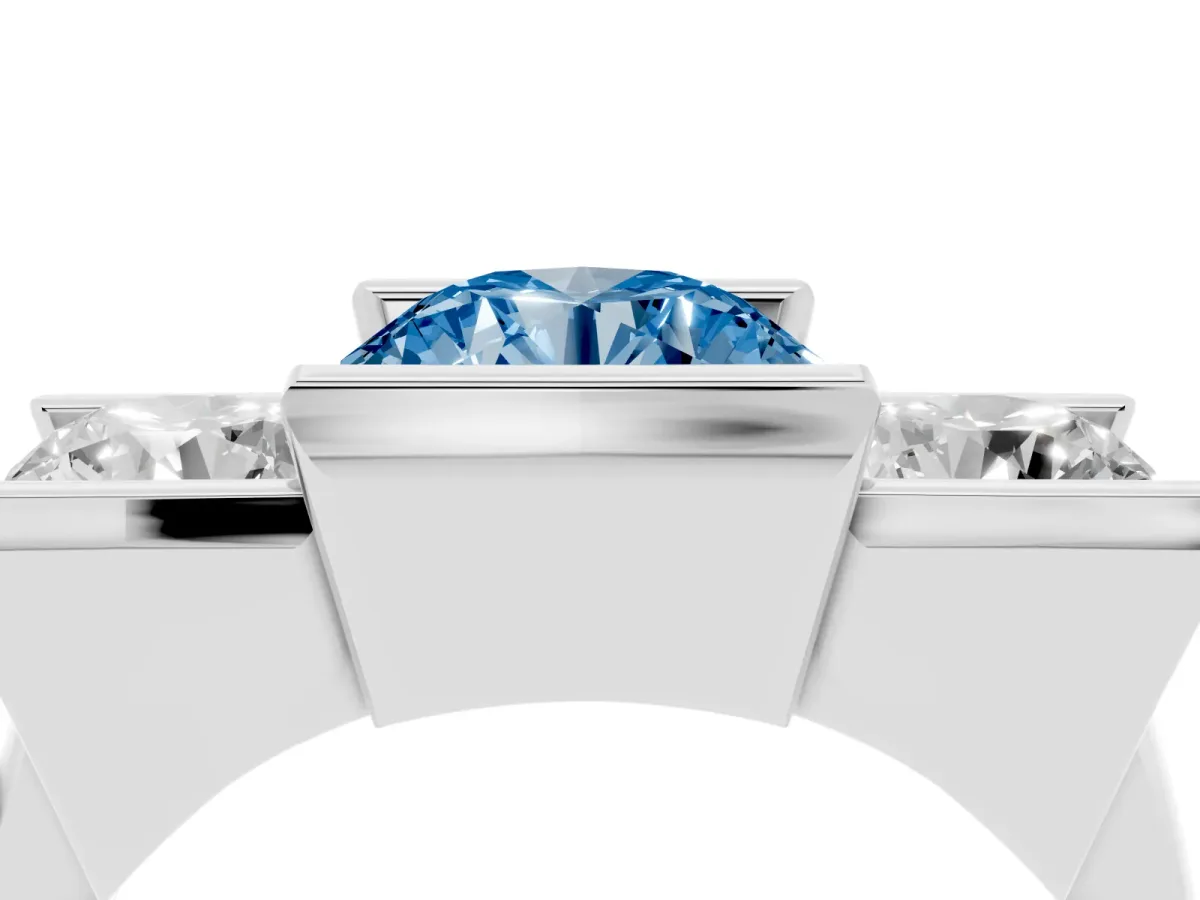 Fancy Blue Three Stone Round Cut Cut Channel Set Diamond Ring Platinum