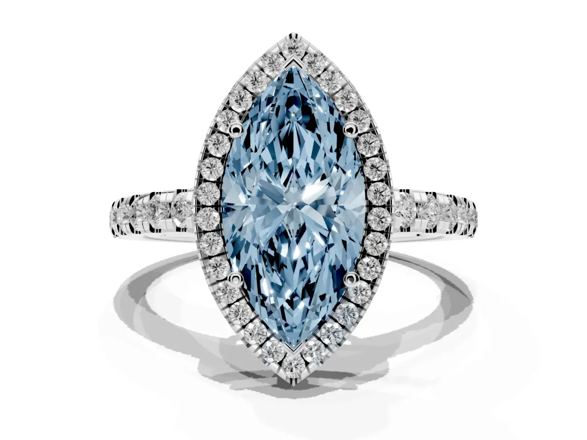 Fancy Blue Marquise Cut Diamond Halo Ring with Pavé Band and Four-Prong Setting White gold