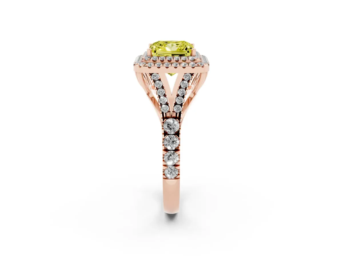 Fancy Yellow Princess Cut Diamond Double Halo Ring with Split Shank and Prong Setting Rose gold