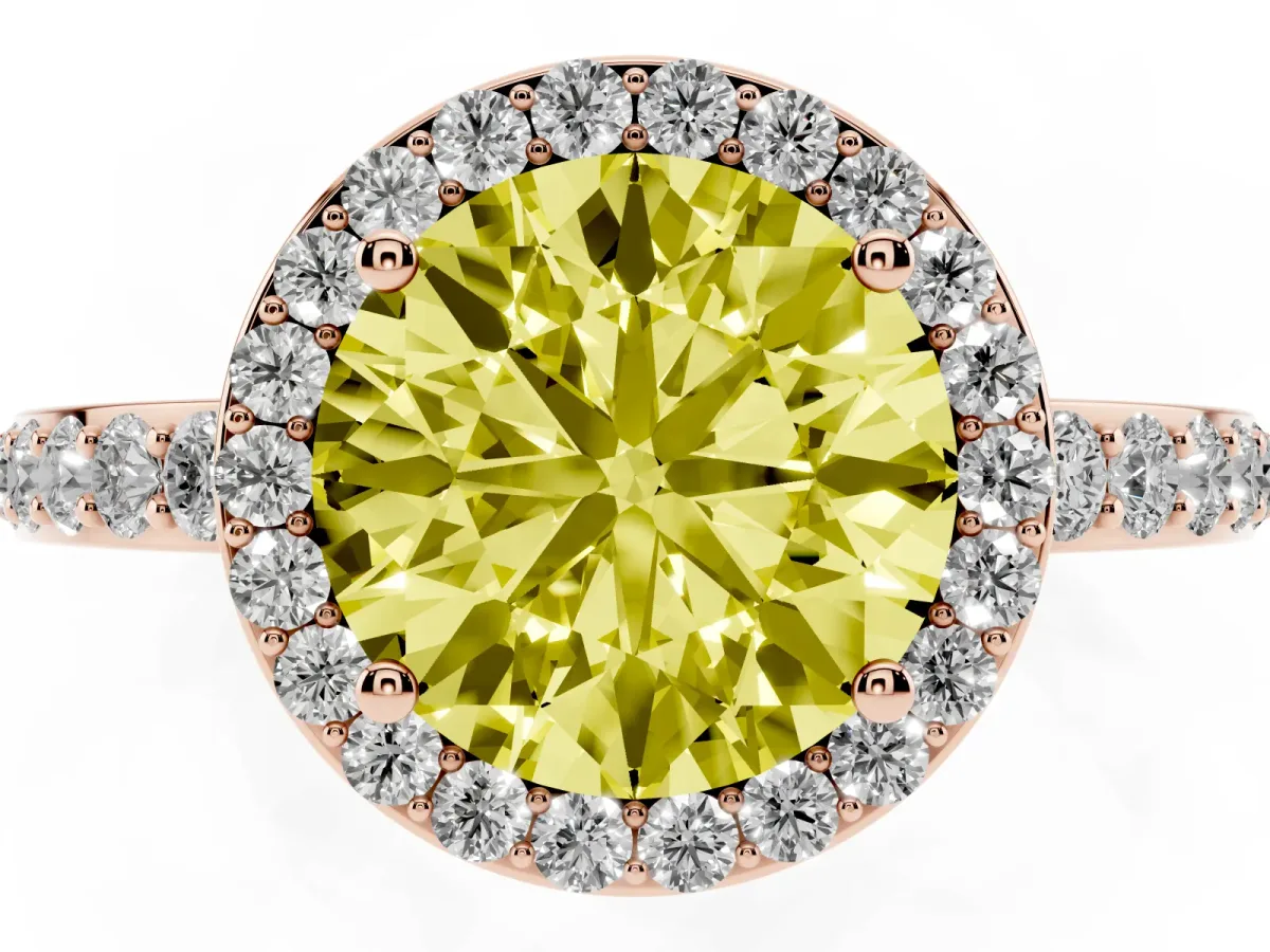 Fancy Yellow Round Cut Halo Diamond Pavé Band Ring with Prong Setting Rose gold