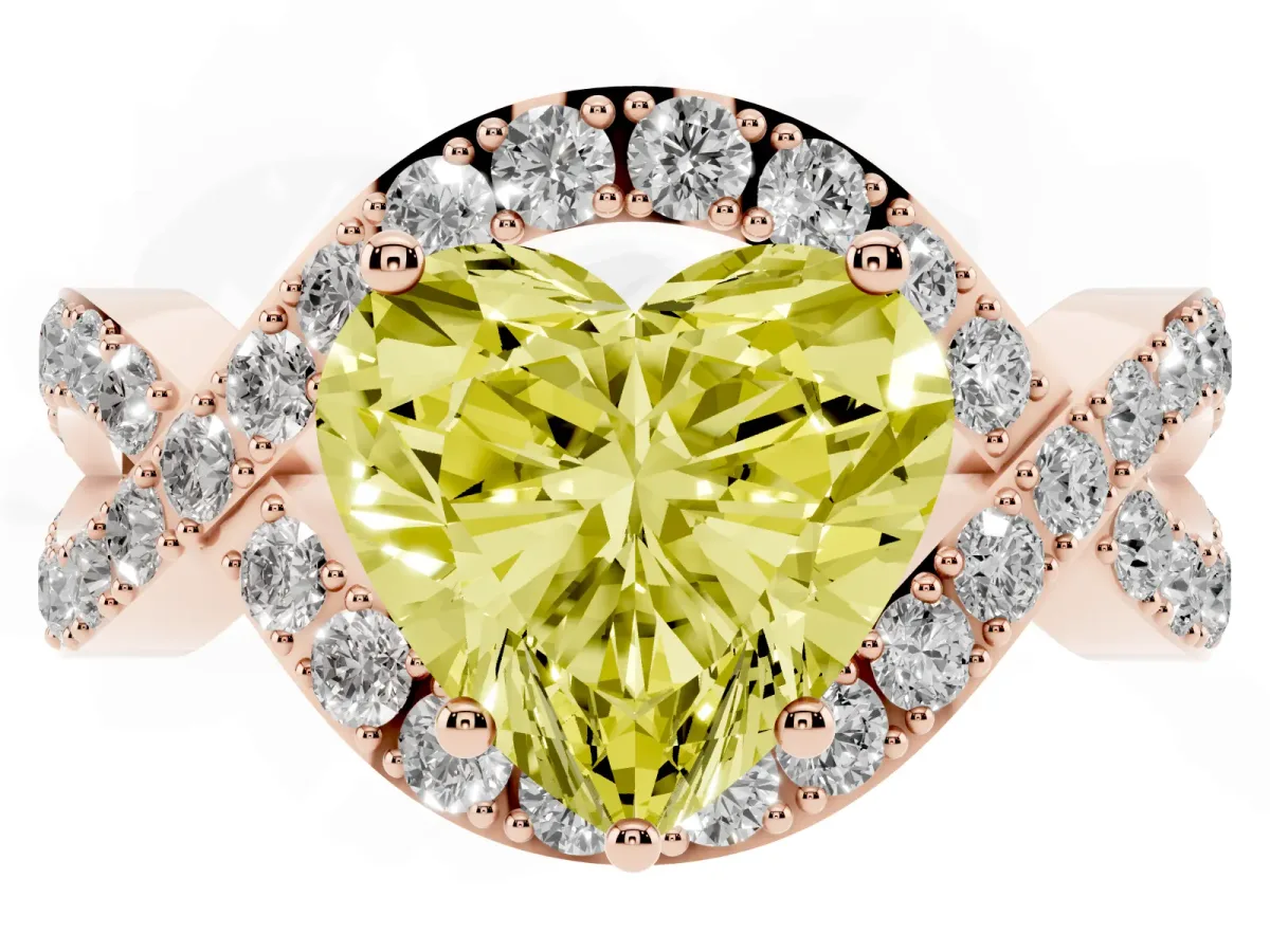 Fancy Yellow Heart Cut Solitaire Twist Band Pavé Diamond Engagement Ring Rose gold