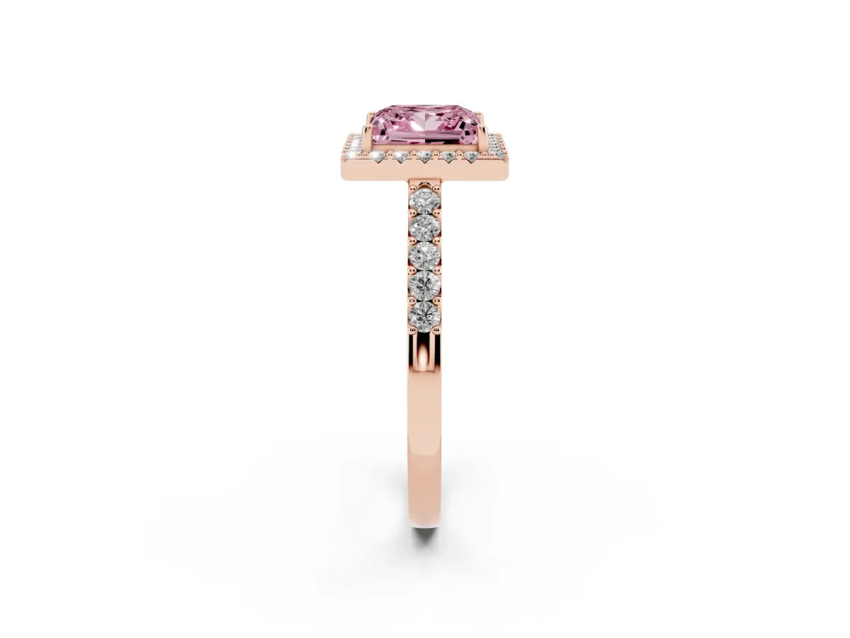 Fancy Pink Princess Cut Halo Diamond Pavé Solitaire Ring Rose gold