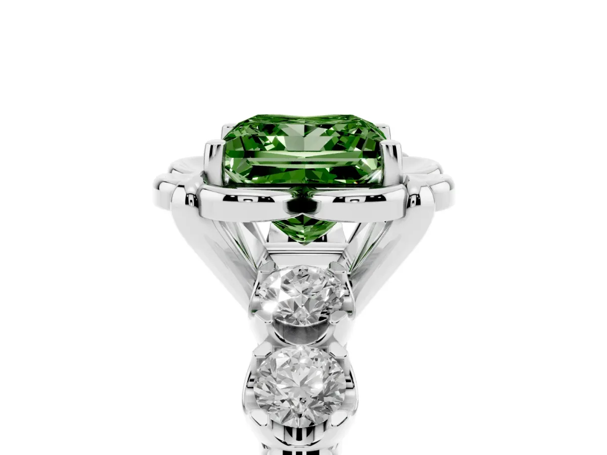 Fancy Green Princess Cut Cut Diamond Floral Halo Engagement Ring with Shared Prong Setting Platinum