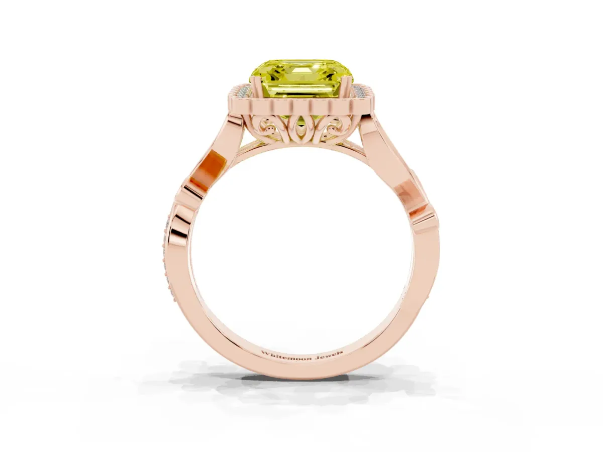 Fancy Yellow Asscher Cut Diamond Halo Ring with Vintage Split Shank and Four-Prong Setting Rose gold