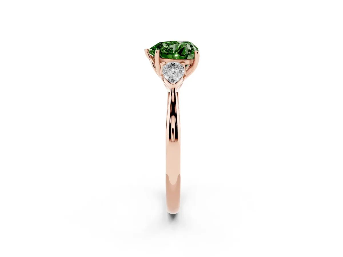 Fancy Green Heart Cut Diamond Three-Stone Ring with Pear Side Stones and Prong Setting Rose gold