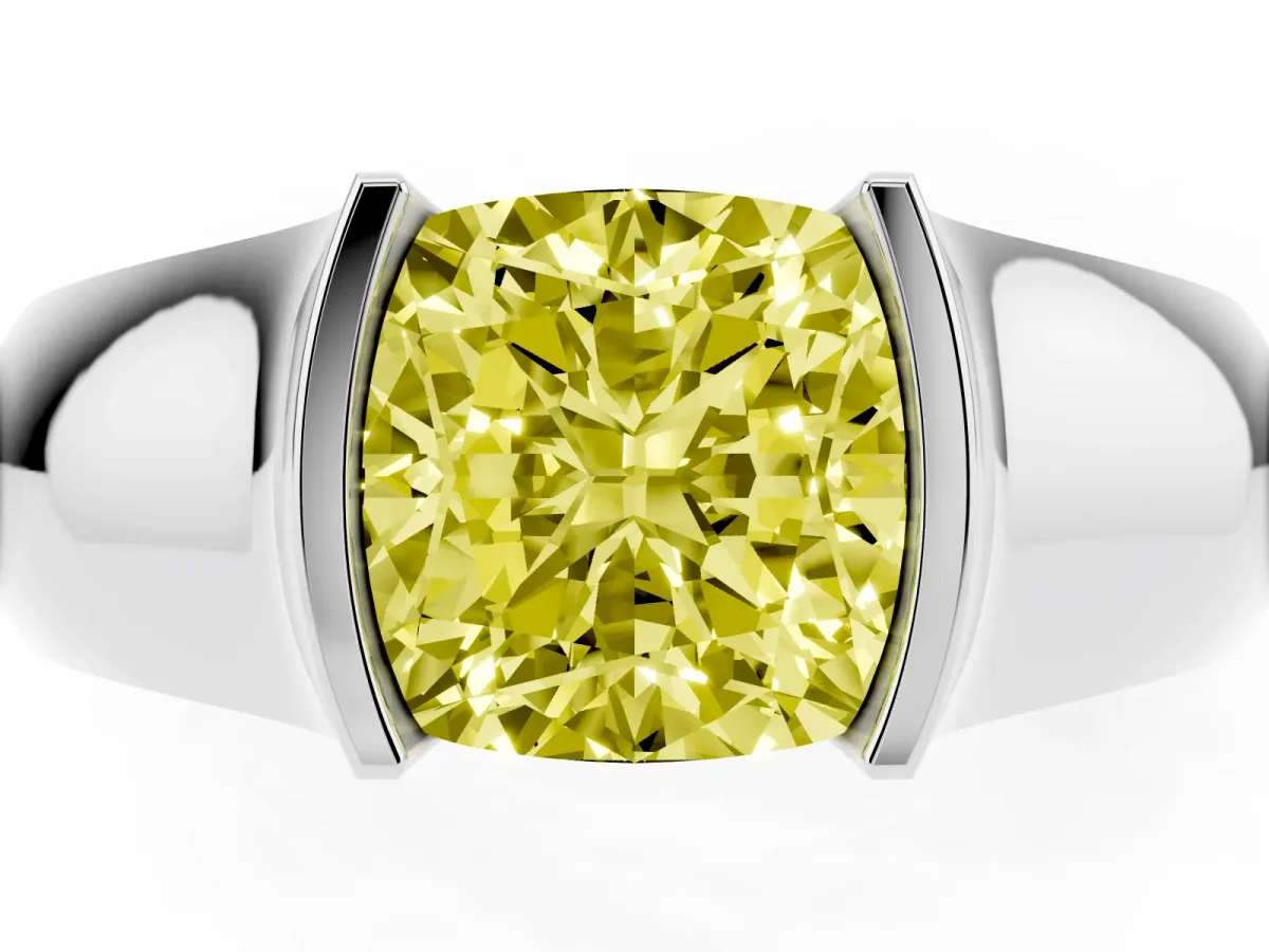 Fancy Yellow Cushion Cut Solitaire Bezel Set Diamond Ring with Wide Band Platinum