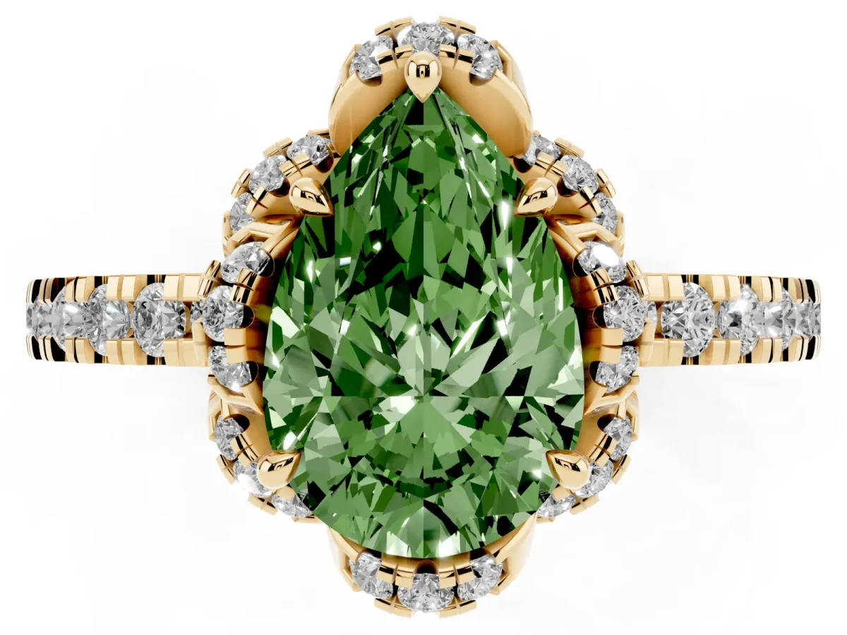 Fancy Green Pear Cut Halo Diamond Pave Band Ring with Four-Prong Setting Yellow gold