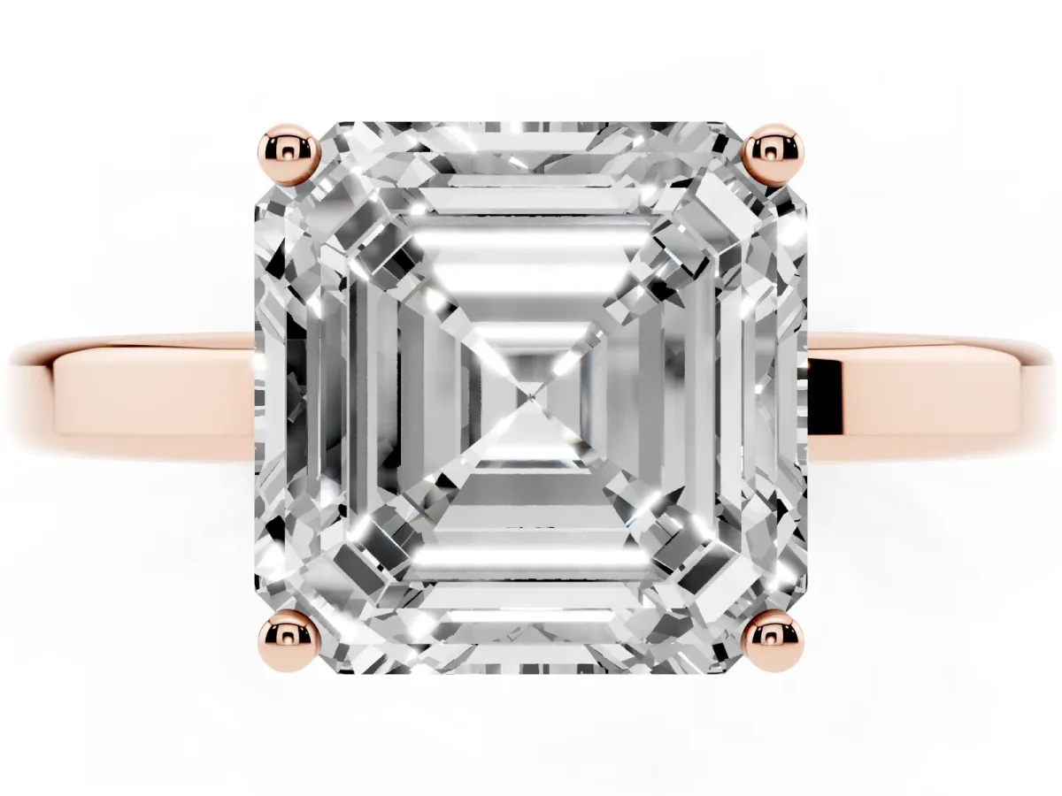 Asscher Cut Cut Solitaire Engagement Ring with Four-Prong Setting on a Classic Band Rose gold