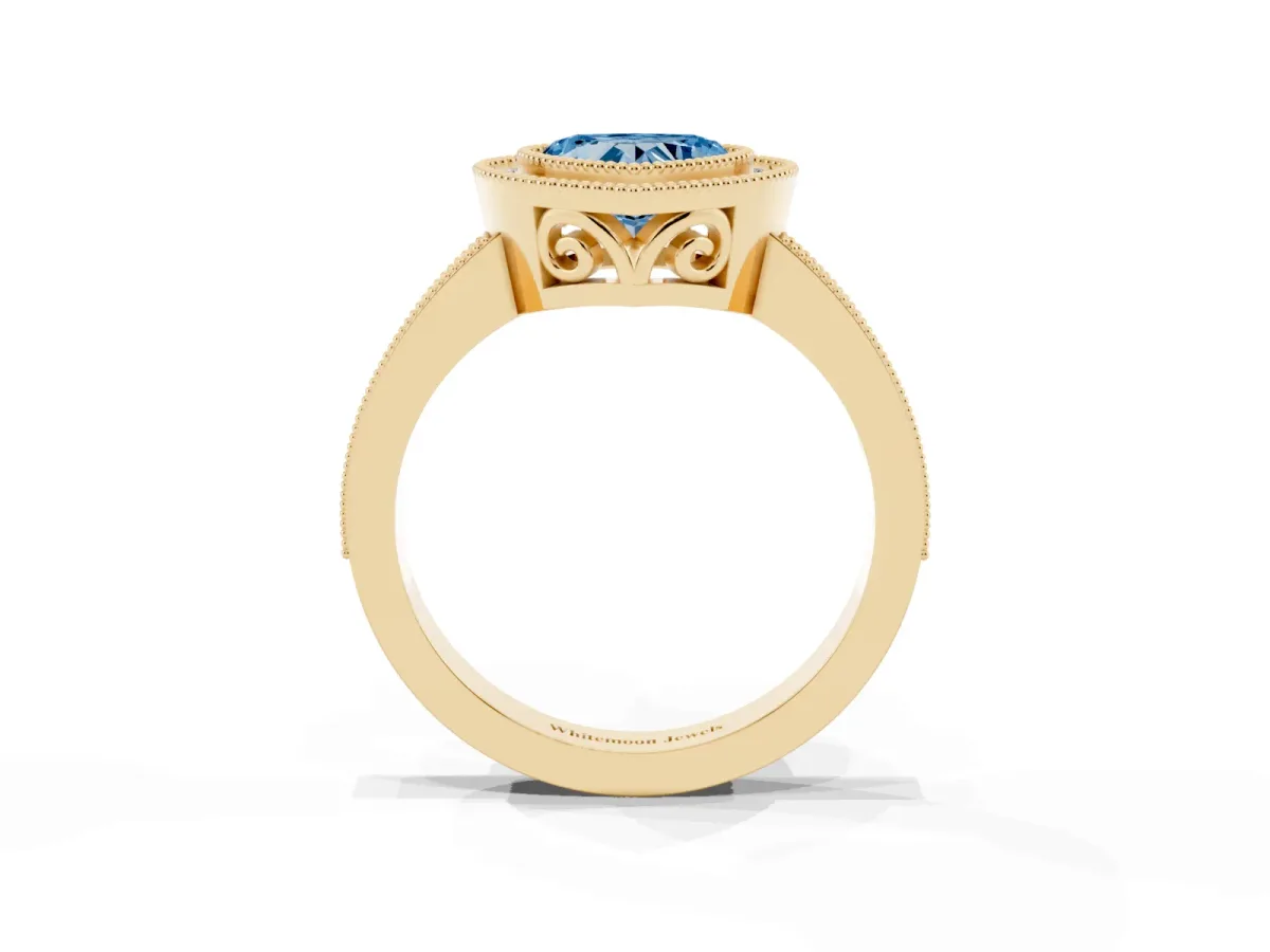 Fancy Blue Heart Cut Cut Halo Diamond Ring with Pavé Band and Milgrain Prong Setting Yellow gold
