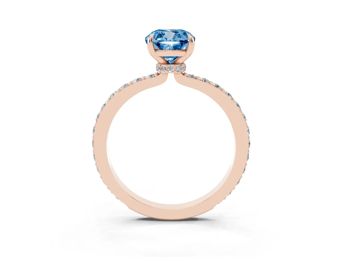 Fancy Blue Cushion Cut Diamond Solitaire Engagement Ring with Pavé Band and Four-Prong Setting Rose gold