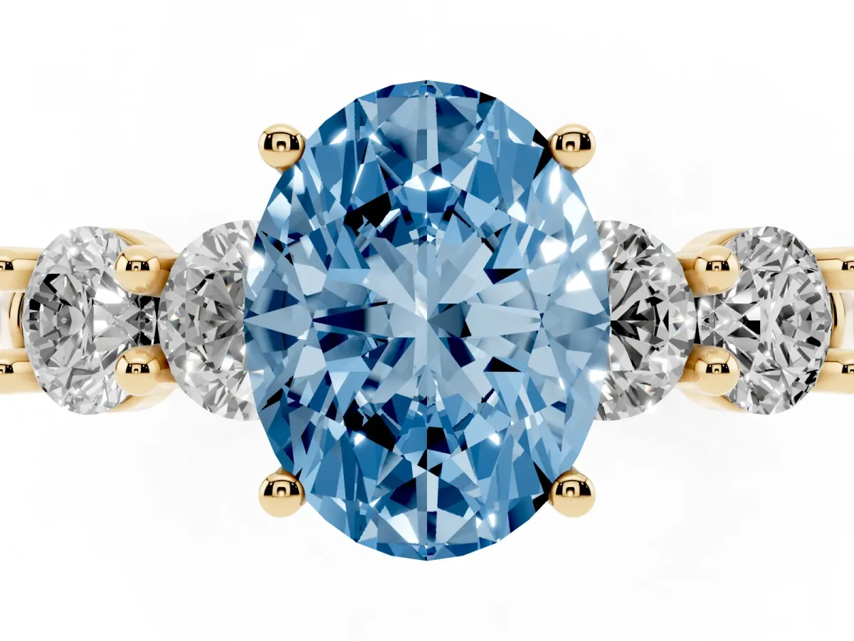 Fancy Blue Oval Cut Cut Five-Stone Prong Set Diamond Ring with Classic Band Yellow gold