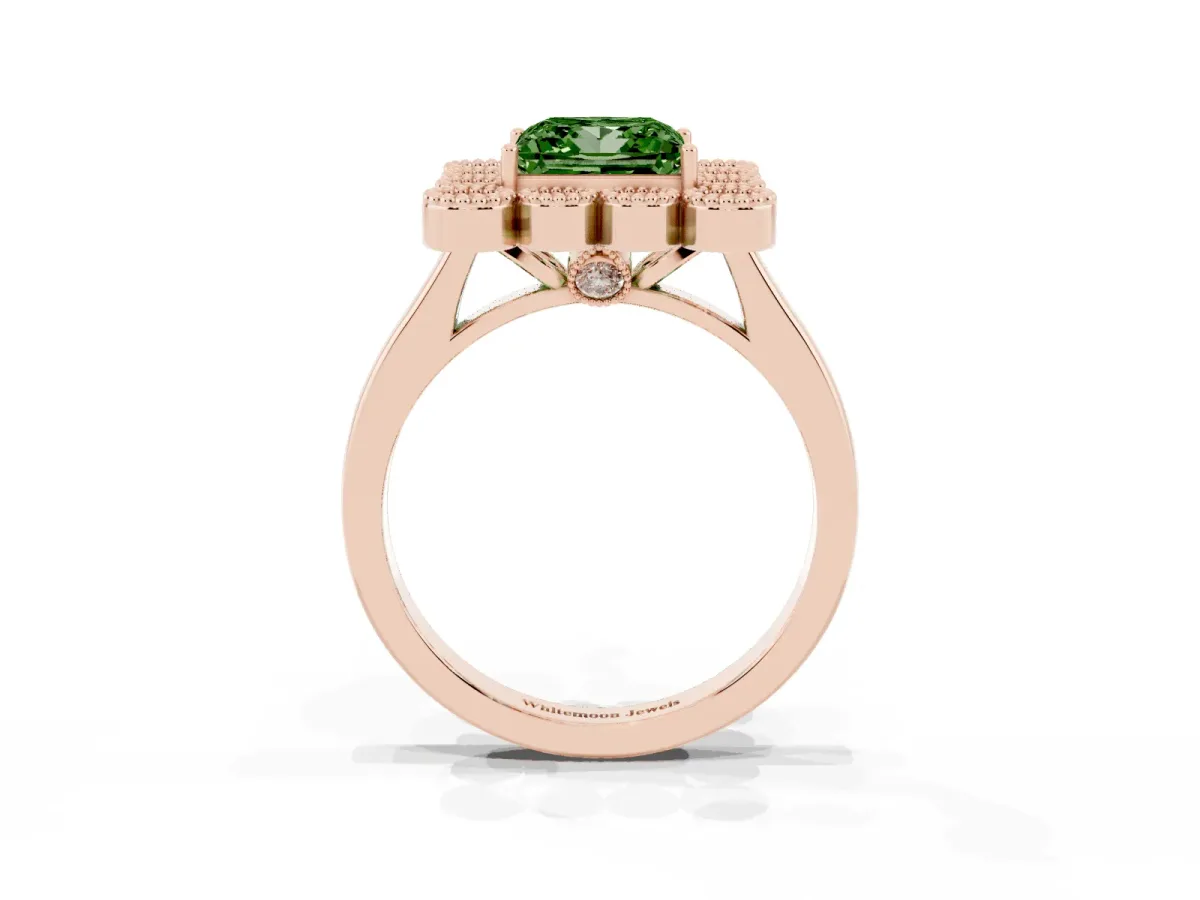 Fancy Green Princess Cut Halo Diamond Cluster Engagement Ring with Milgrain Bezel Setting and Solitaire Band Rose gold