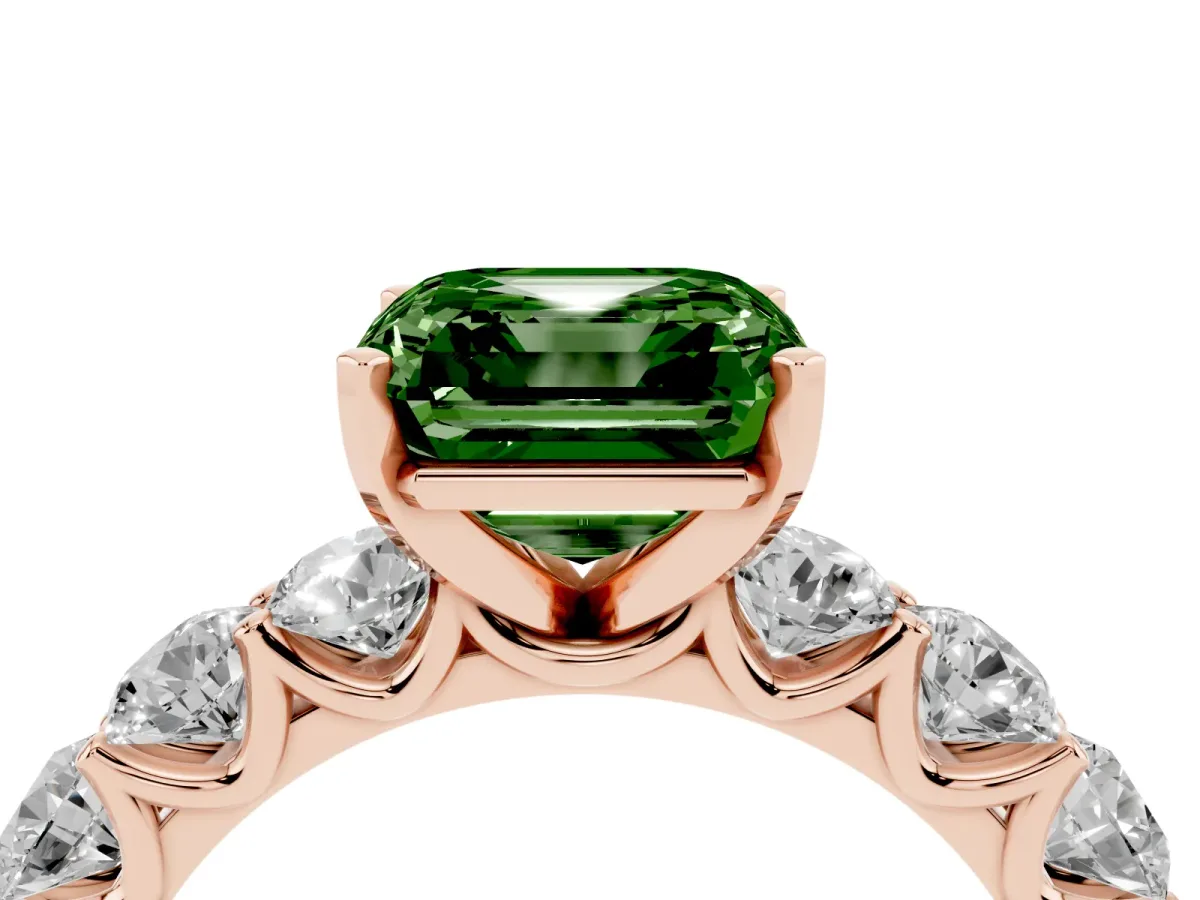 Fancy Green Asscher Cut Diamond Prong Setting with Side Stones on a Pave Band Rose gold