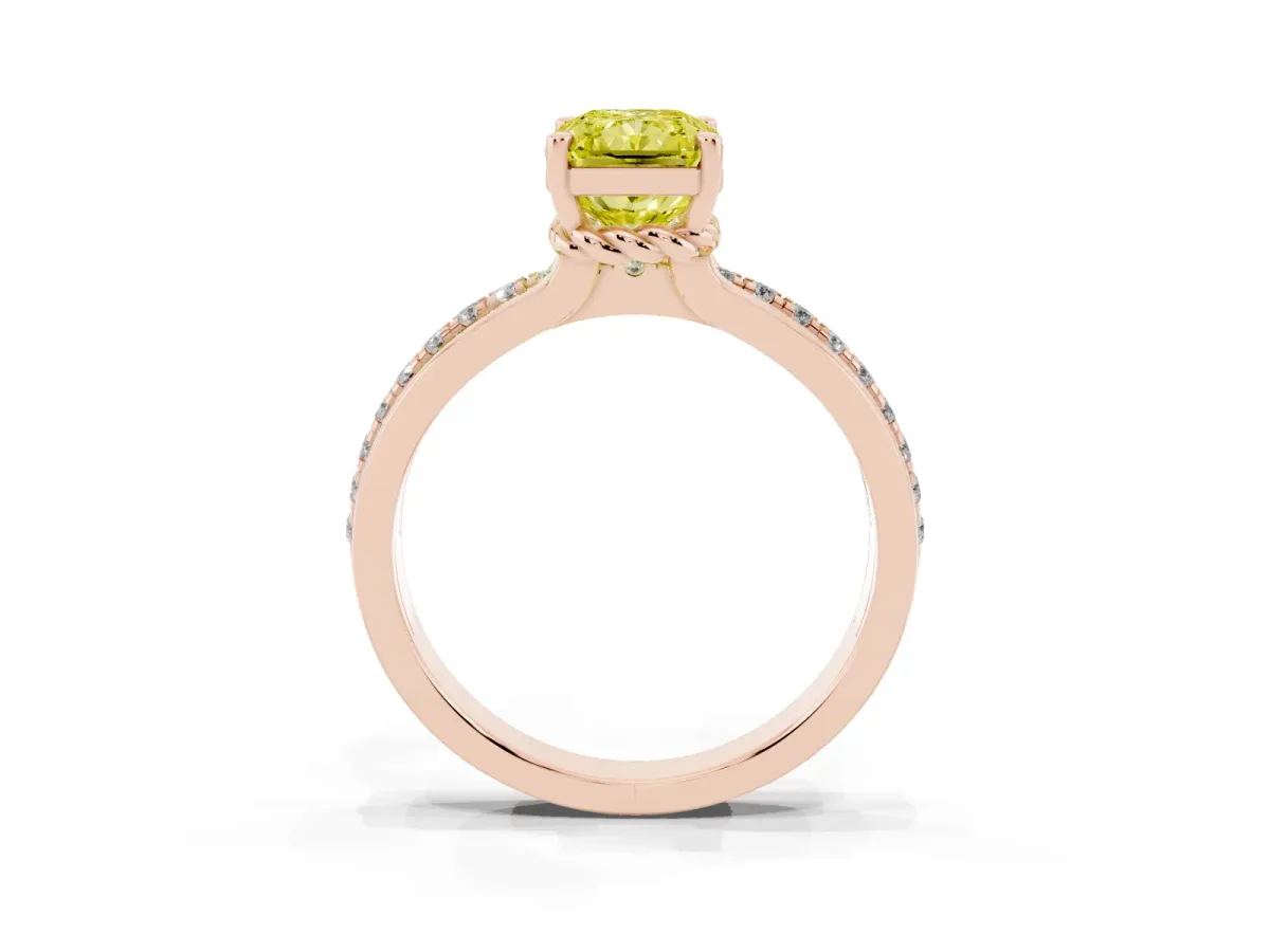 Fancy Yellow Radiant Cut Solitaire Diamond Ring with Channel Set Band and Six-Prong Setting Rose gold