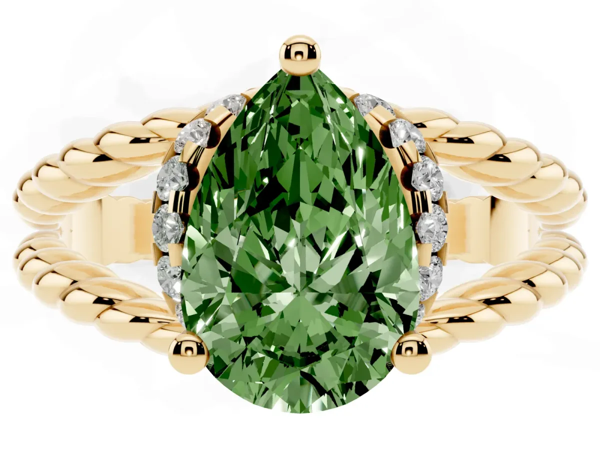 Fancy Green Pear Cut Halo Twisted Band Four-Prong Ring Yellow gold