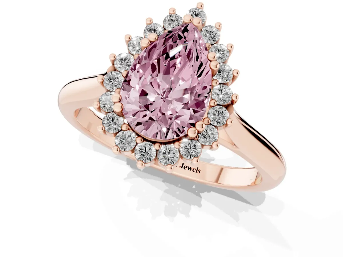 Fancy Pink Pear Cut Cut Diamond Halo Ring with Solitaire Band and Prong Setting Rose gold