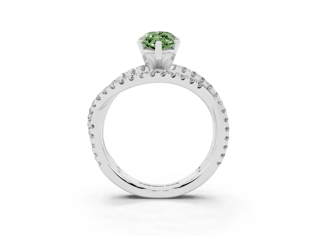 Fancy Green Marquise Cut Solitaire Twist Band with Pavé Setting and Four-Prong Setting Platinum