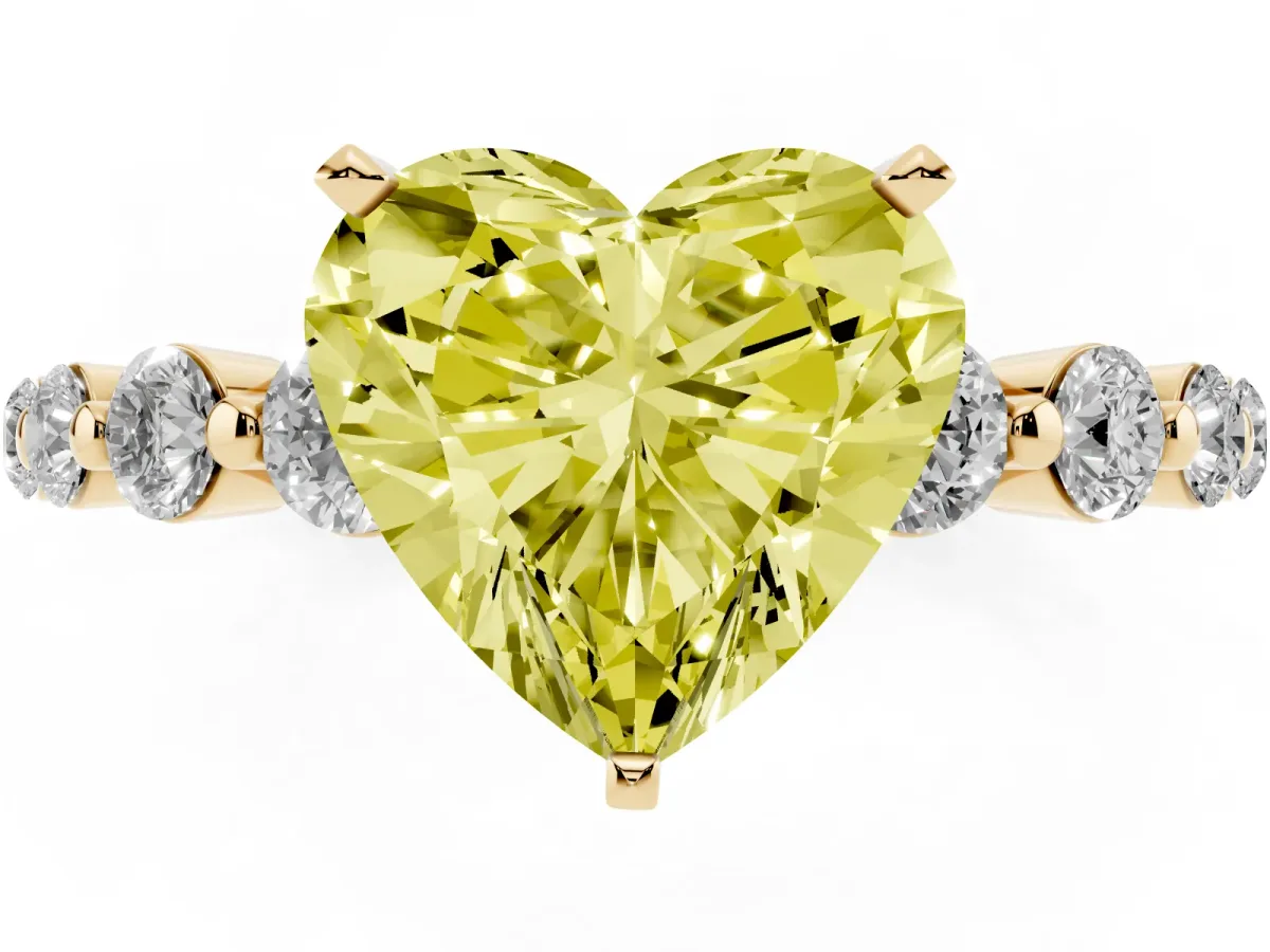 Fancy Yellow Heart Cut Solitaire Diamond Ring with Pave Band and Four-Prong Setting Yellow gold