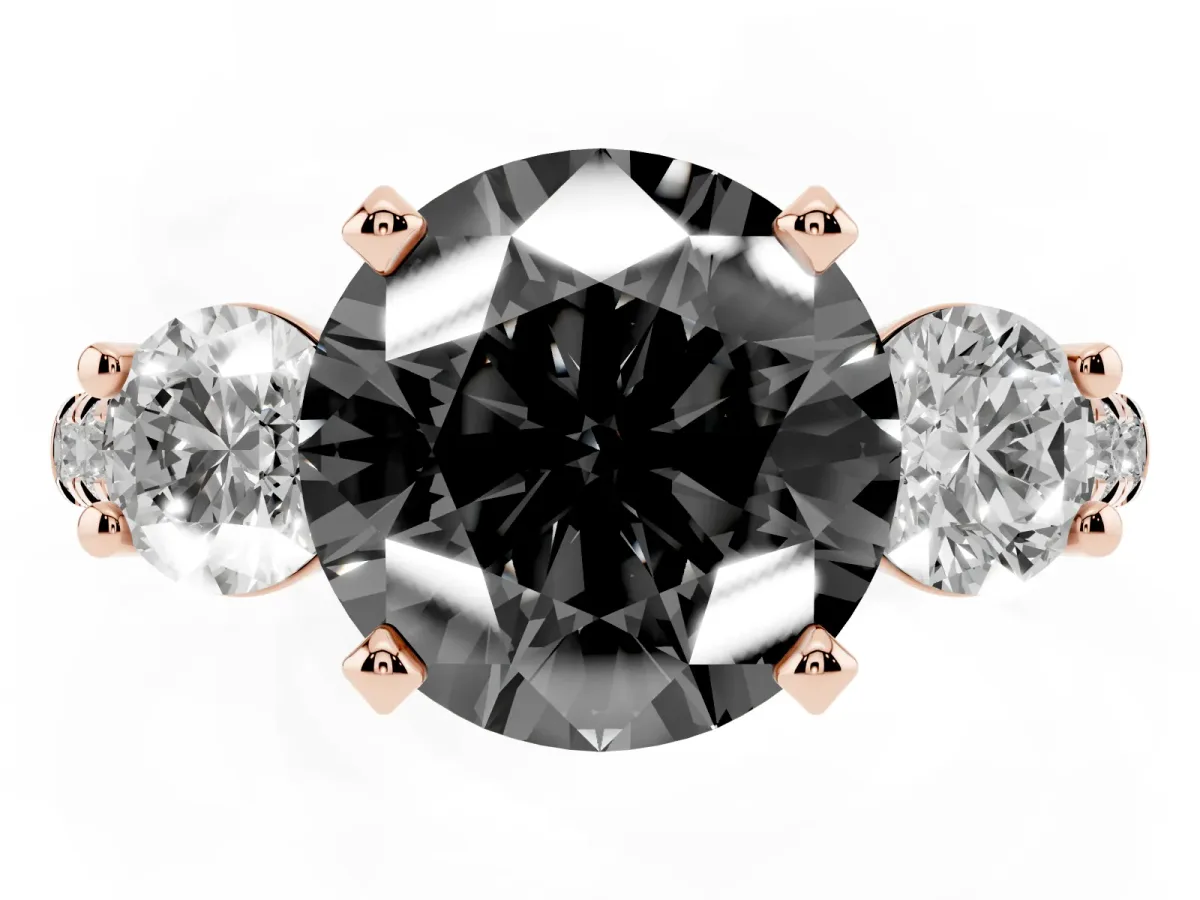 Fancy Black Three-Stone Round Cut Diamond Pavé Band with Four-Prong Setting Rose gold