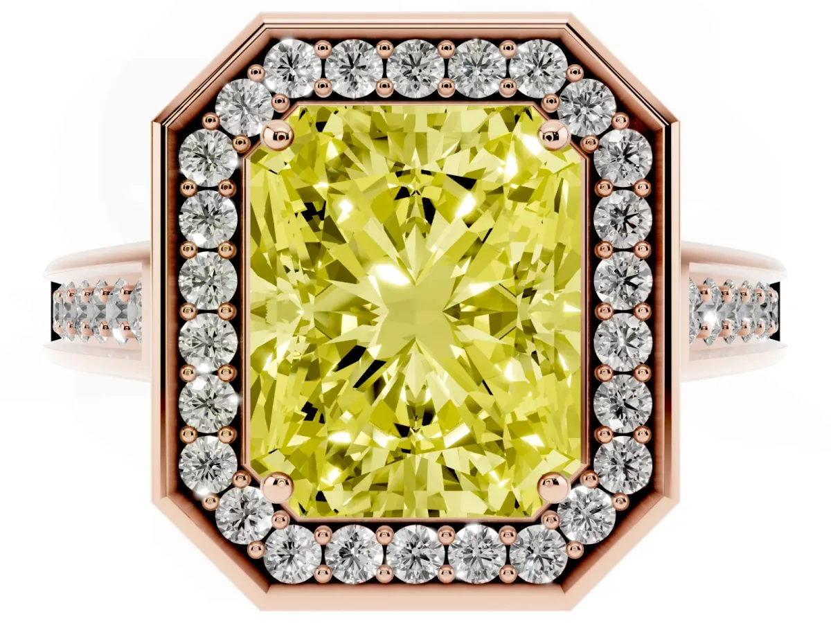 Fancy Yellow Radiant Cut Halo Solitaire Diamond Ring with Pave Band and Bezel Setting Rose gold