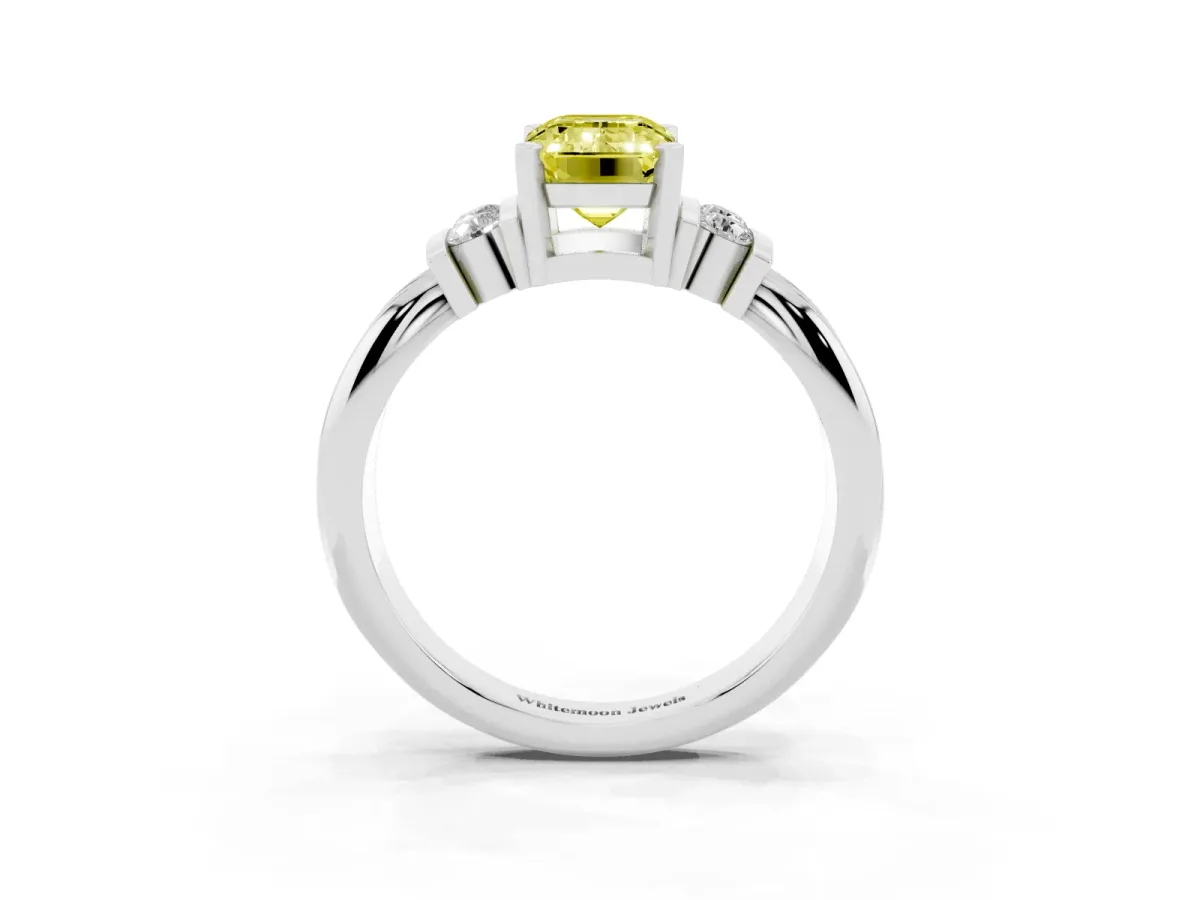 Fancy Yellow Emerald Cut Cut Three-Stone Channel Set Ring with Bar Prongs Platinum