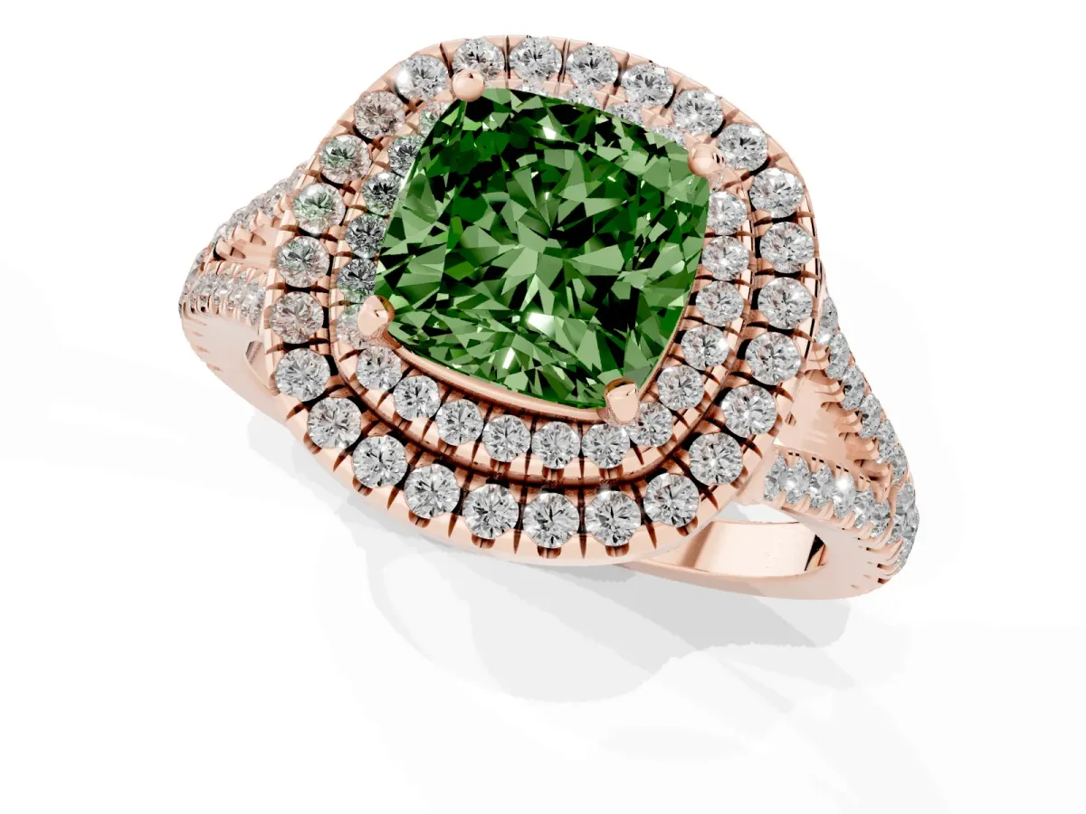 Fancy Green Cushion Cut Diamond Double Halo Ring with Pavé Band and Prong Setting Rose gold