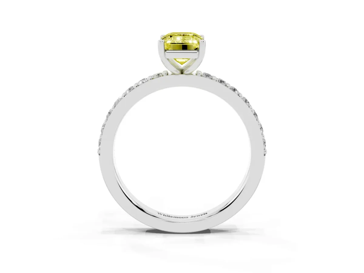 Fancy Yellow Emerald Cut Cut Diamond Solitaire with Pave Band and Four-Prong Setting Silver